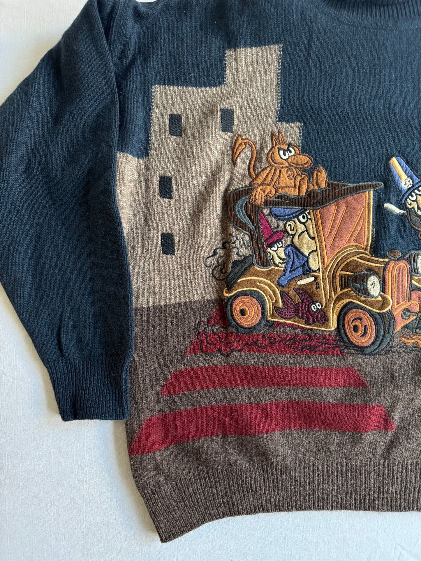 🧶 Pulover Vintage Guler Înalt cu Broderie Cartoon / Tricot Navy & Maro (Mărime 48 - M) - anbracaminte