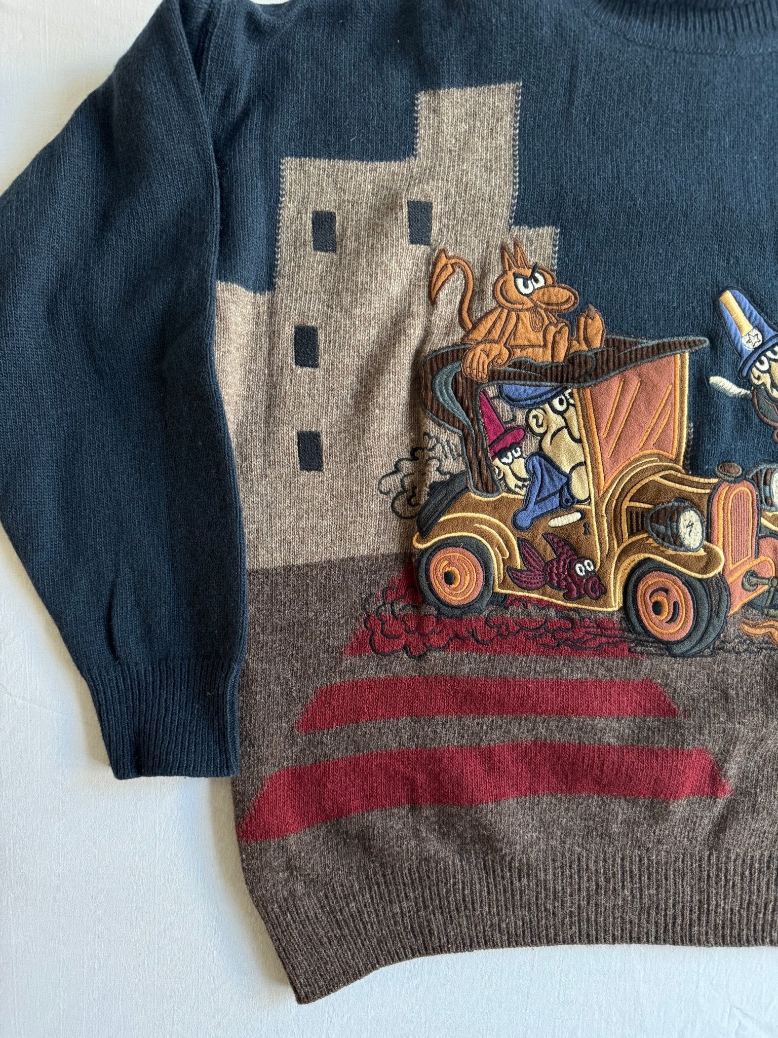 🧶 Pulover Vintage Guler Înalt cu Broderie Cartoon / Tricot Navy & Maro (Mărime 48 - M) - anbracaminte
