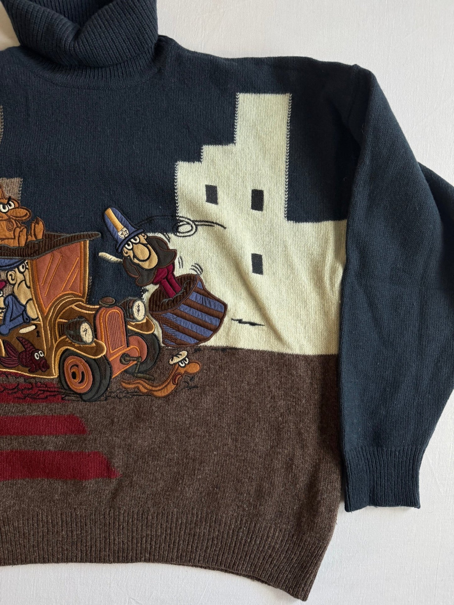 🧶 Pulover Vintage Guler Înalt cu Broderie Cartoon / Tricot Navy & Maro (Mărime 48 - M) - anbracaminte