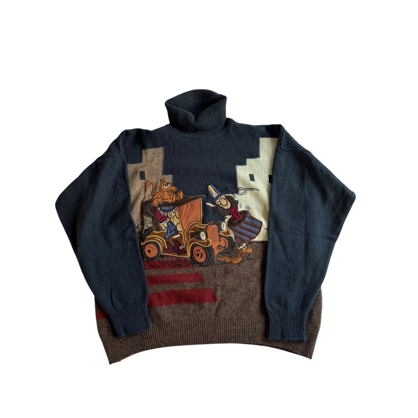 🧶 Pulover Vintage Guler Înalt cu Broderie Cartoon / Tricot Navy & Maro (Mărime 48 - M) - anbracaminte