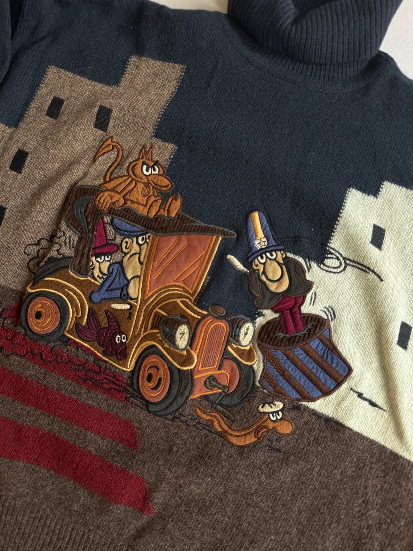 🧶 Pulover Vintage Guler Înalt cu Broderie Cartoon / Tricot Navy & Maro (Mărime 48 - M) - anbracaminte