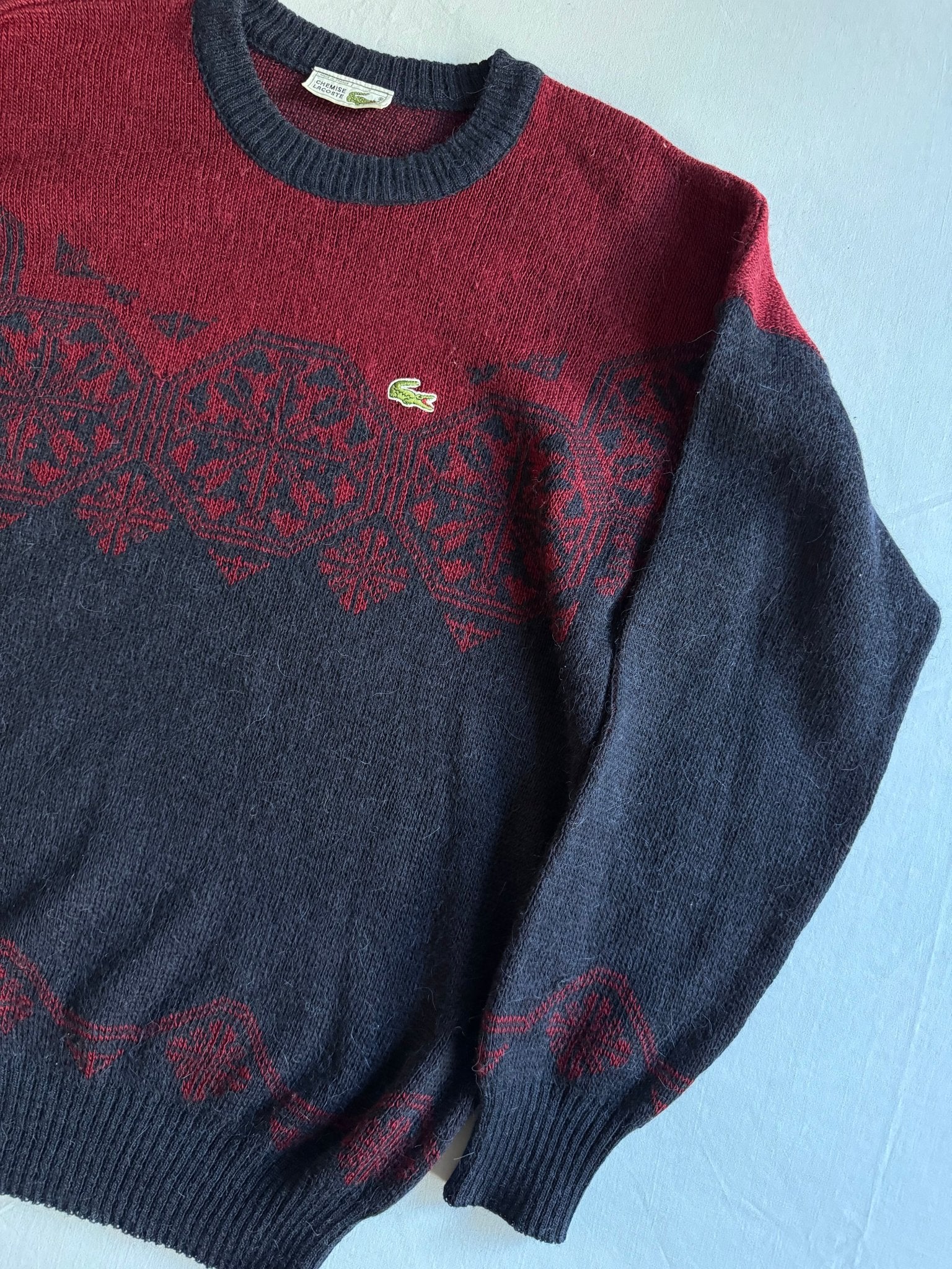🐊 Pulover Vintage Lacoste Bleumarin și Burgundy / Tricot Clasic (Mărime 4 - L) - anbracaminte