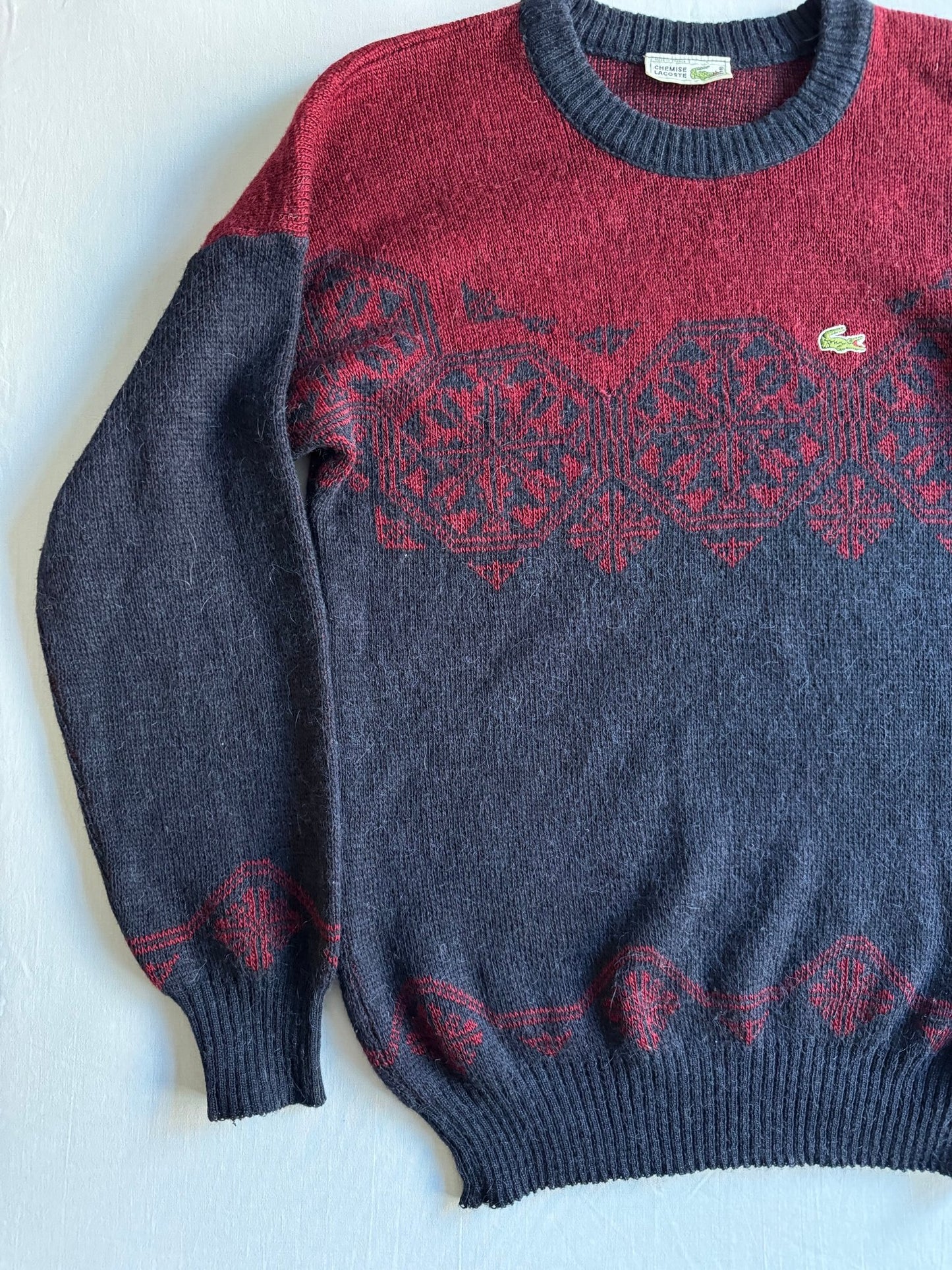 🐊 Pulover Vintage Lacoste Bleumarin și Burgundy / Tricot Clasic (Mărime 4 - L) - anbracaminte