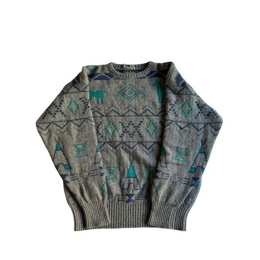 🐴 Pulover Vintage Les Copains Gri cu Motive Etnice / Lână & Alpaca (Mărime 48 - M) - anbracaminte