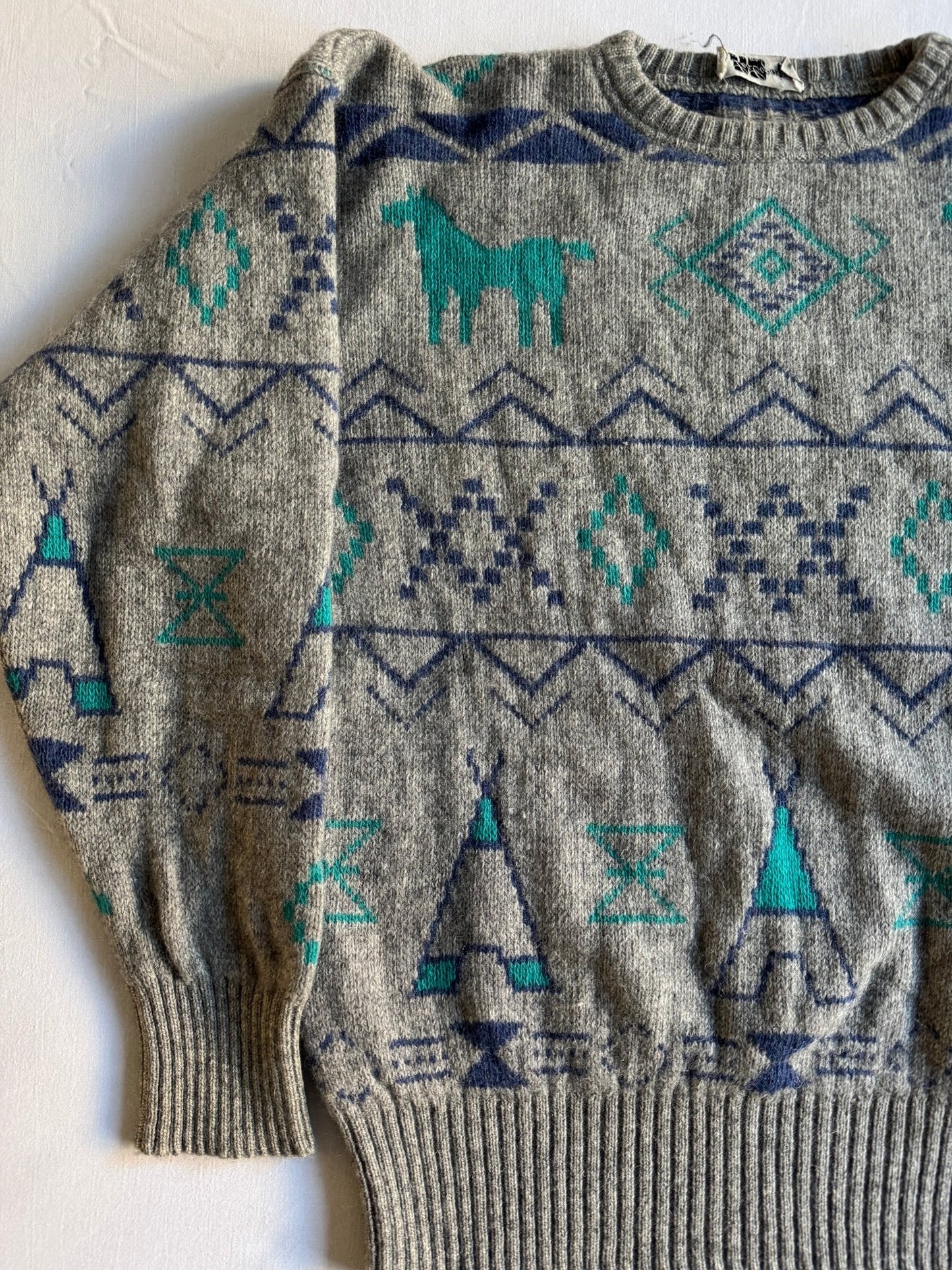 🐴 Pulover Vintage Les Copains Gri cu Motive Etnice / Lână & Alpaca (Mărime 48 - M) - anbracaminte