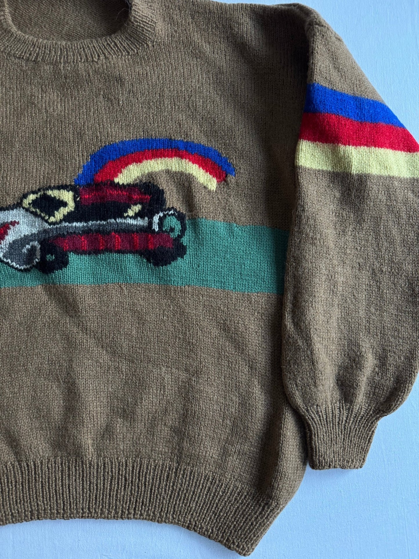 🧶 Pulover Vintage Maro cu Grafică Mașină / Tricot (Mărime aproximativă M Femei) - anbracaminte
