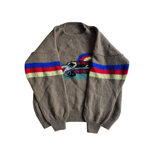 🧶 Pulover Vintage Maro cu Grafică Mașină / Tricot (Mărime aproximativă M Femei) - anbracaminte