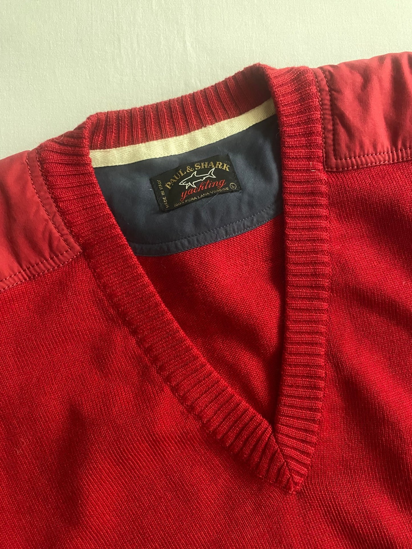 🦈 Pulover Vintage Paul & Shark – V - Neck Roșu – 100% Lână Virgină – Made in Italy – Men’s L - anbracaminte