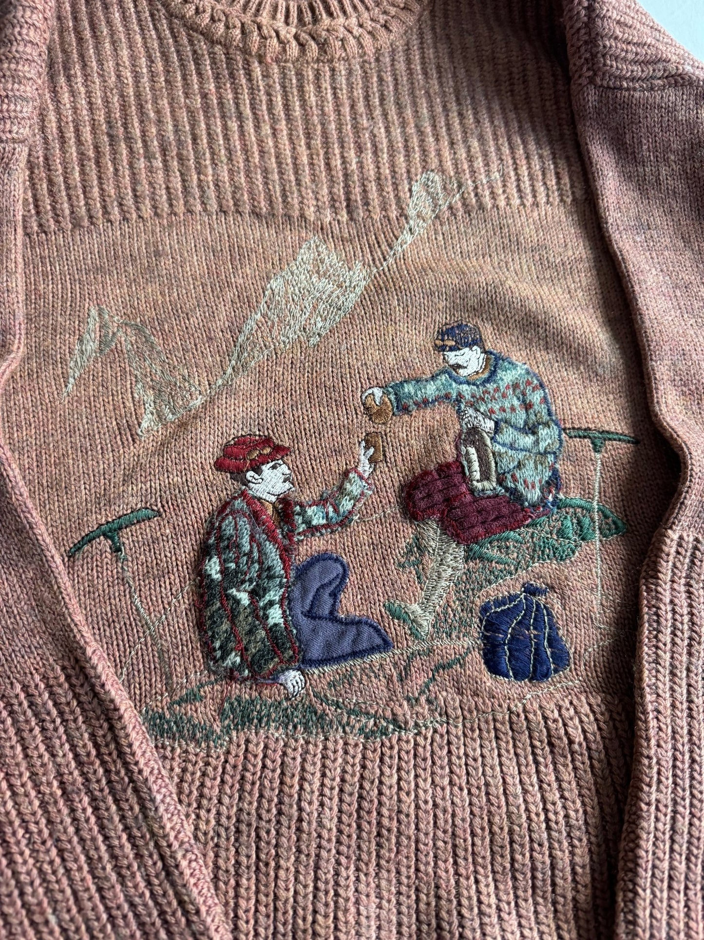 🧶 Pulover Vintage Peach cu Broderie „Hikers” / Tricot Italian (Mărime 50 - L) - anbracaminte