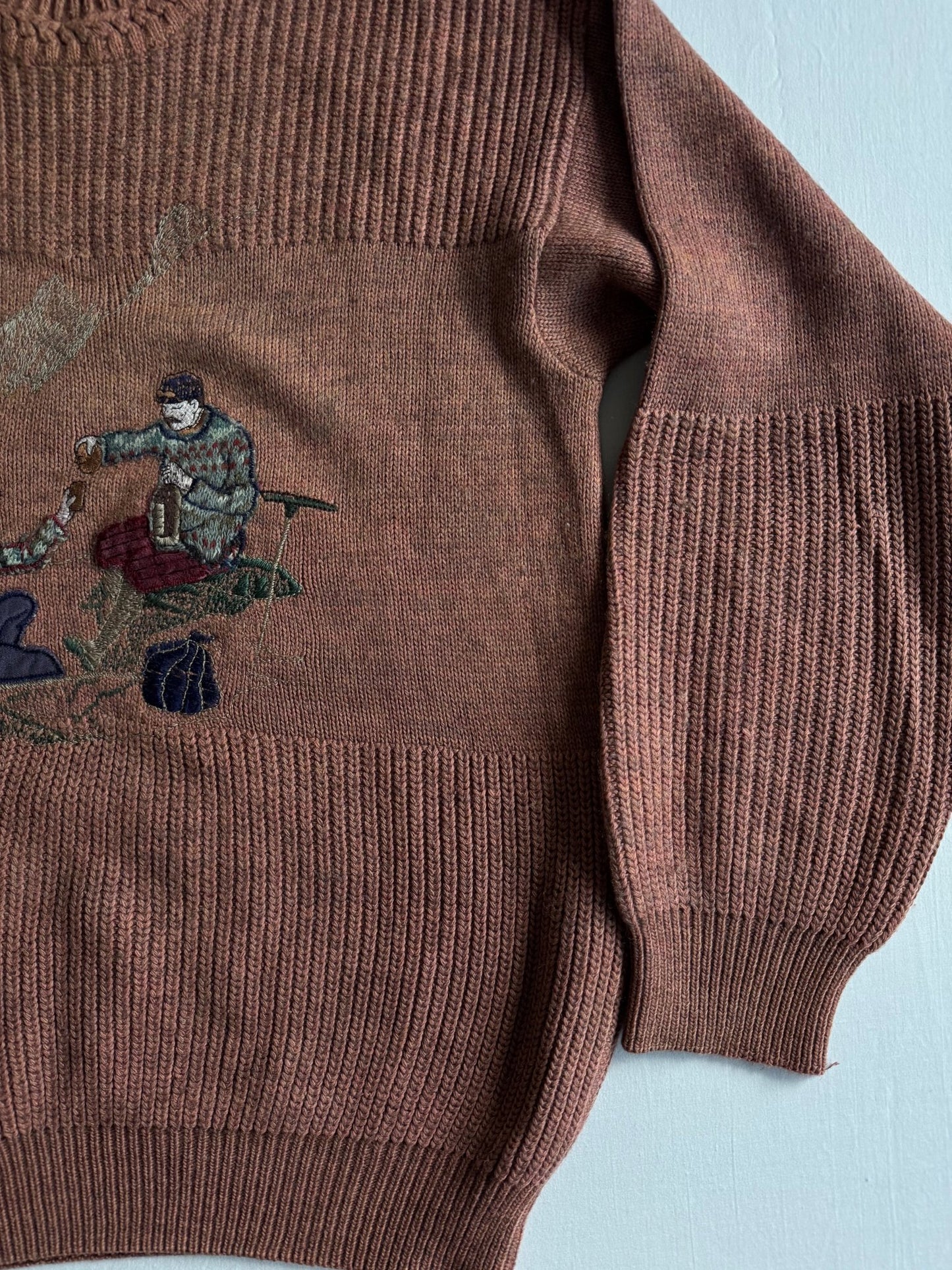 🧶 Pulover Vintage Peach cu Broderie „Hikers” / Tricot Italian (Mărime 50 - L) - anbracaminte