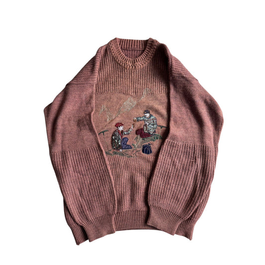 🧶 Pulover Vintage Peach cu Broderie „Hikers” / Tricot Italian (Mărime 50 - L) - anbracaminte