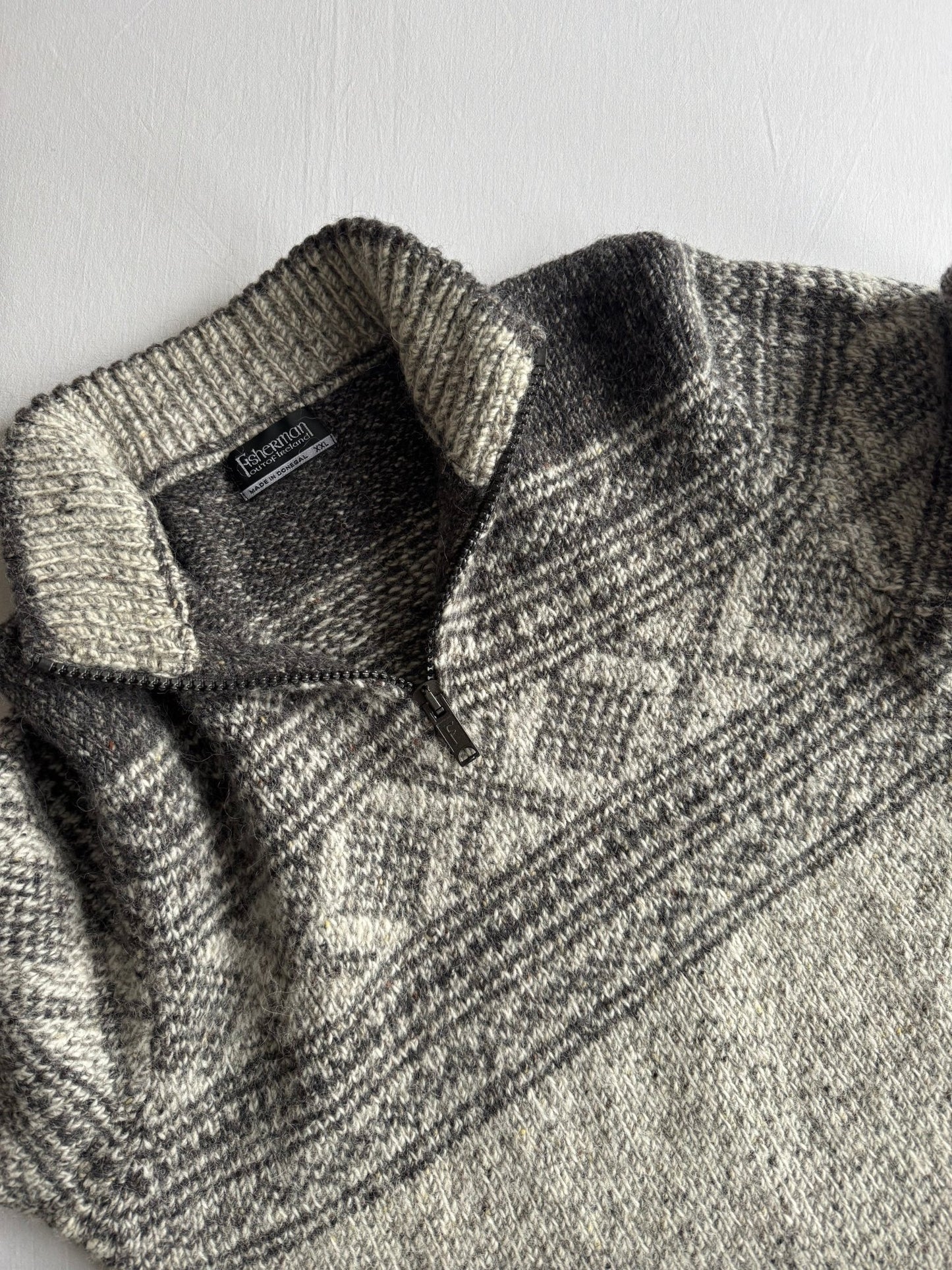 🧶 Pulover Vintage Quarter Zip din Lână Merino & Alpaca cu Model Etnic – XL - anbracaminte