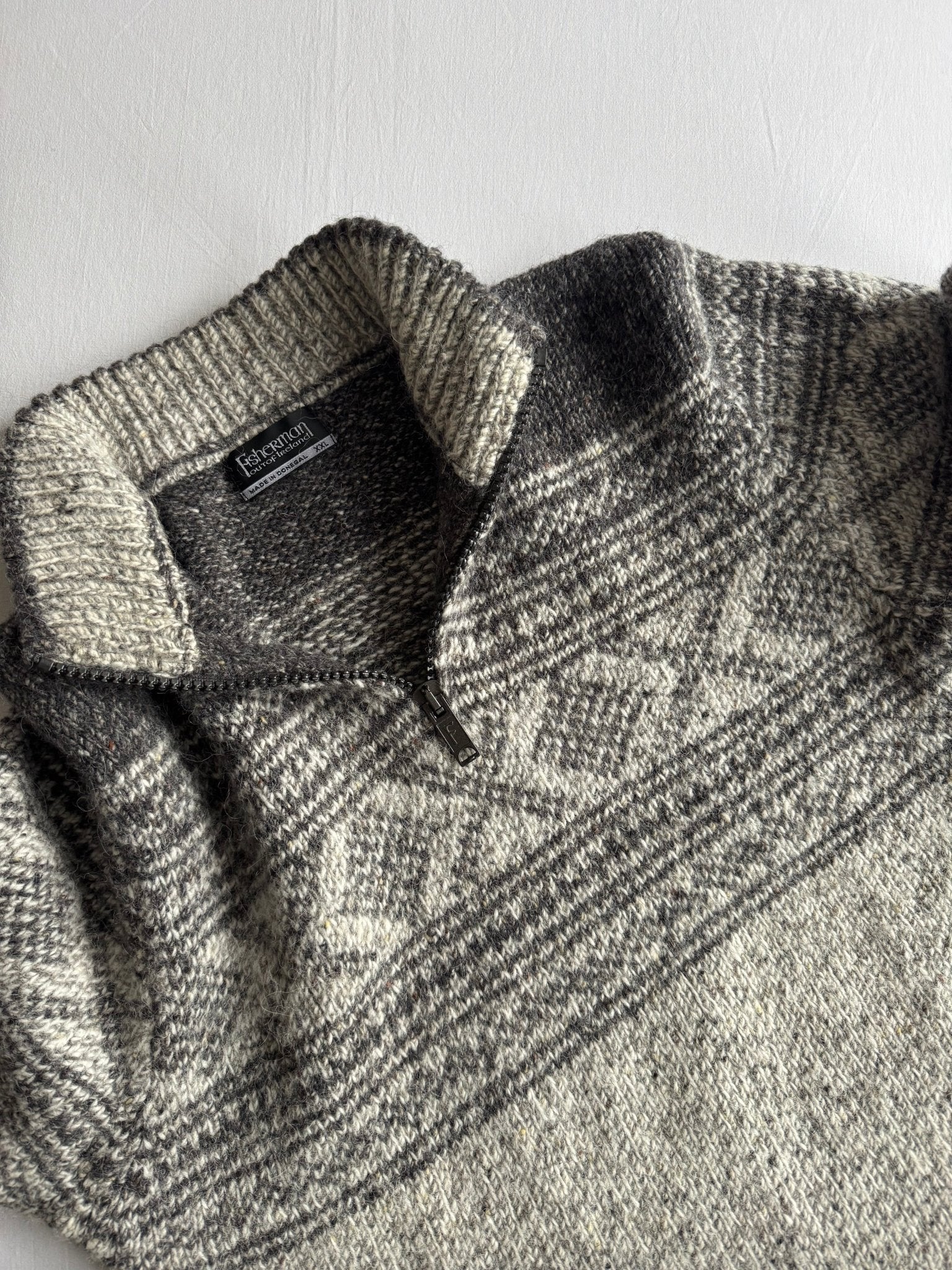 🧶 Pulover Vintage Quarter Zip din Lână Merino & Alpaca cu Model Etnic – XL - anbracaminte
