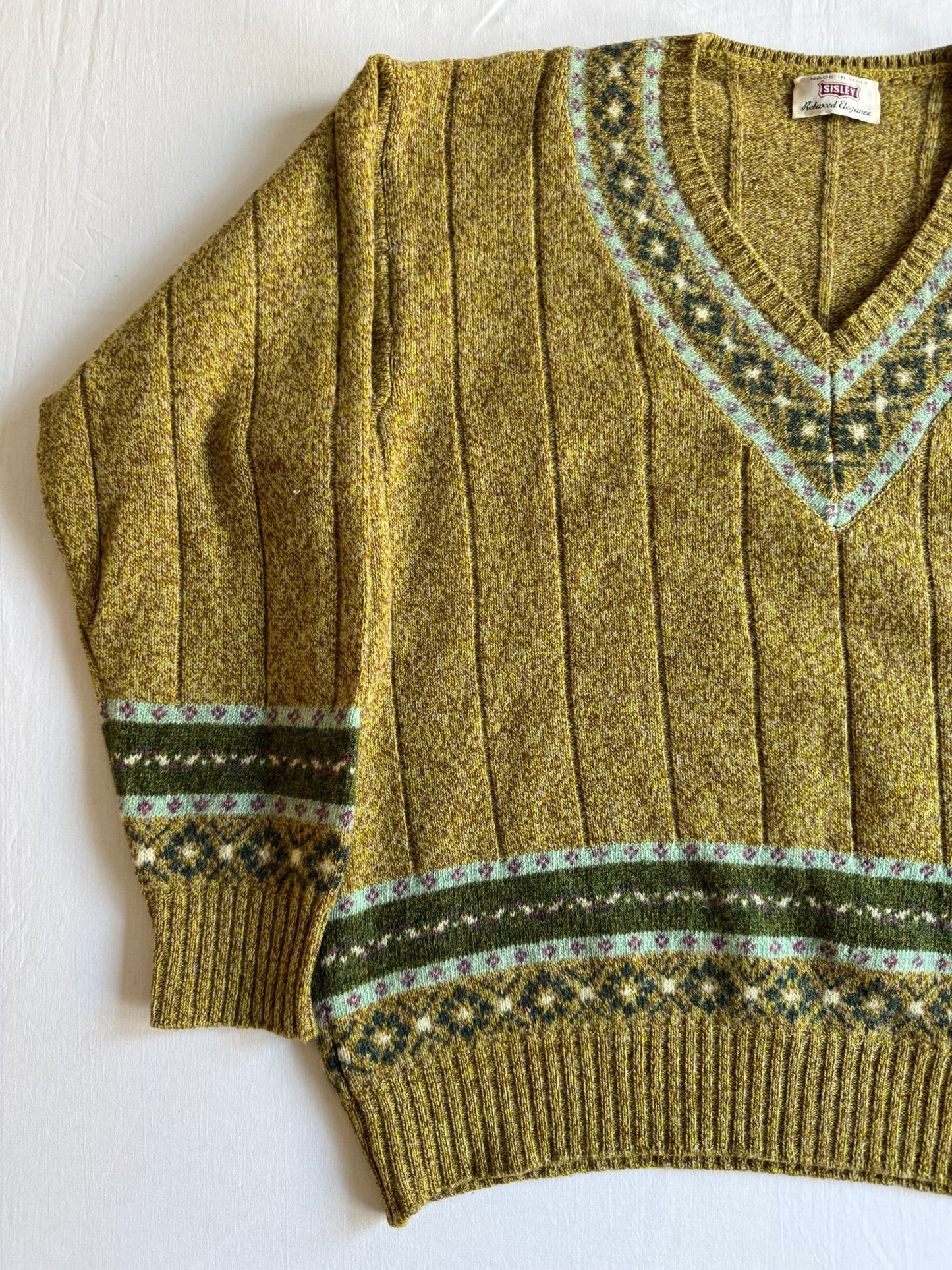 🧶 Pulover Vintage Sisley Verde în V cu Model (Mărime M Bărbați) - anbracaminte