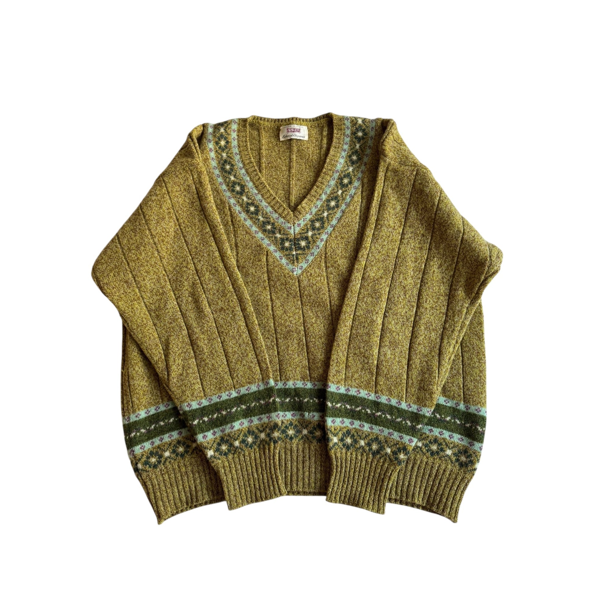 🧶 Pulover Vintage Sisley Verde în V cu Model (Mărime M Bărbați) - anbracaminte