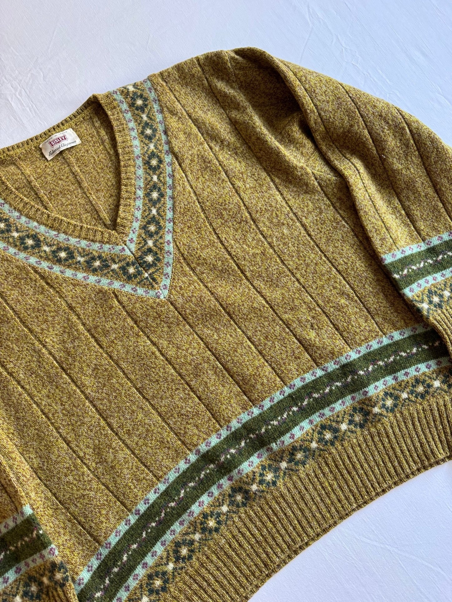 🧶 Pulover Vintage Sisley Verde în V cu Model (Mărime M Bărbați) - anbracaminte
