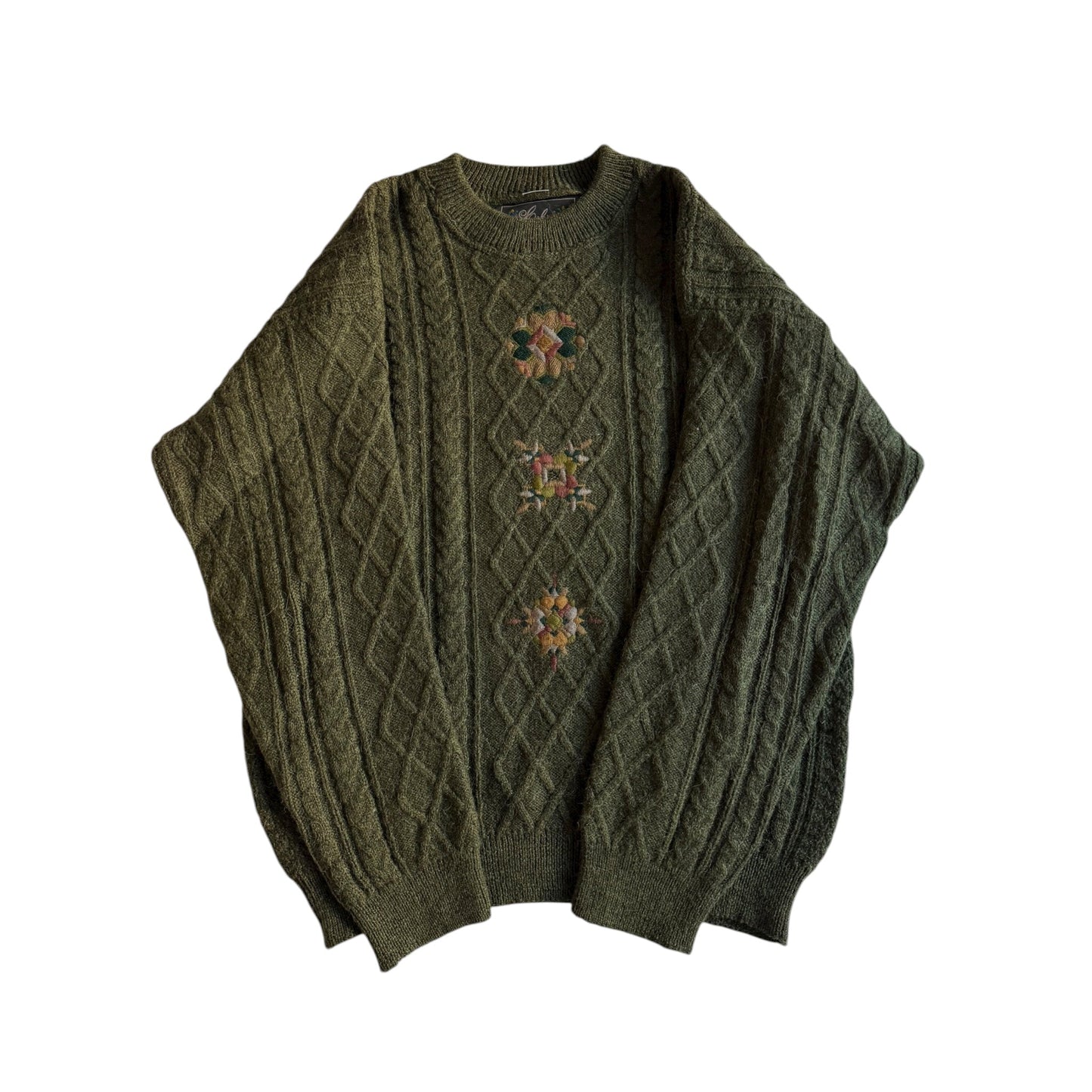 🧶 Pulover Vintage Structurat cu Broderie / Dark Olive (Mărime 52 - L) - anbracaminte