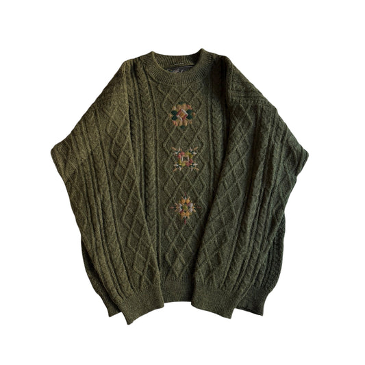 🧶 Pulover Vintage Structurat cu Broderie / Dark Olive (Mărime 52 - L) - anbracaminte