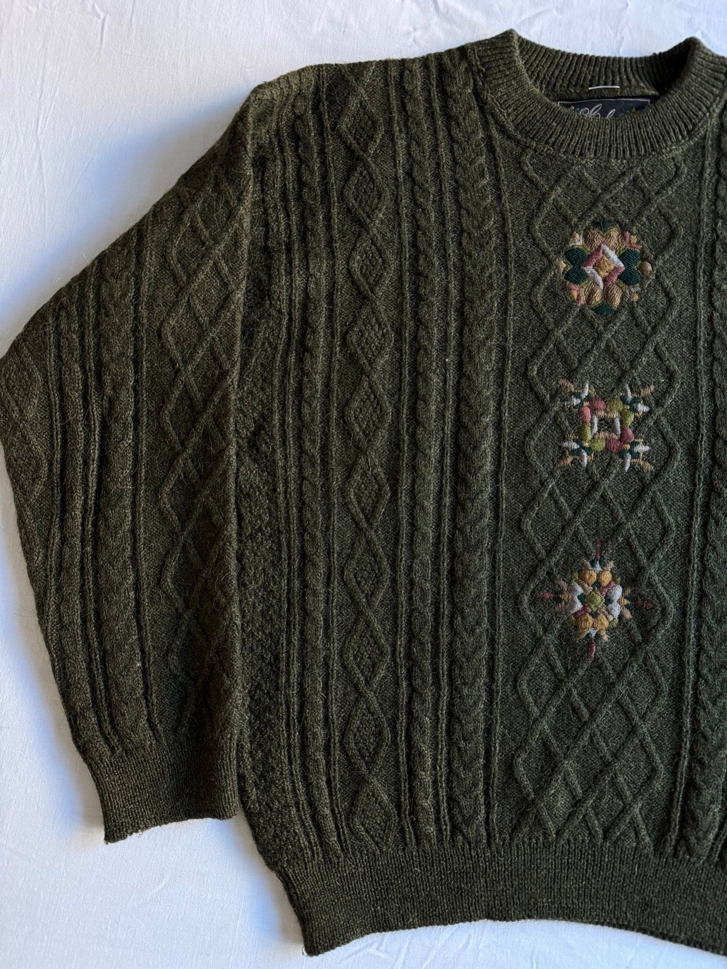 🧶 Pulover Vintage Structurat cu Broderie / Dark Olive (Mărime 52 - L) - anbracaminte