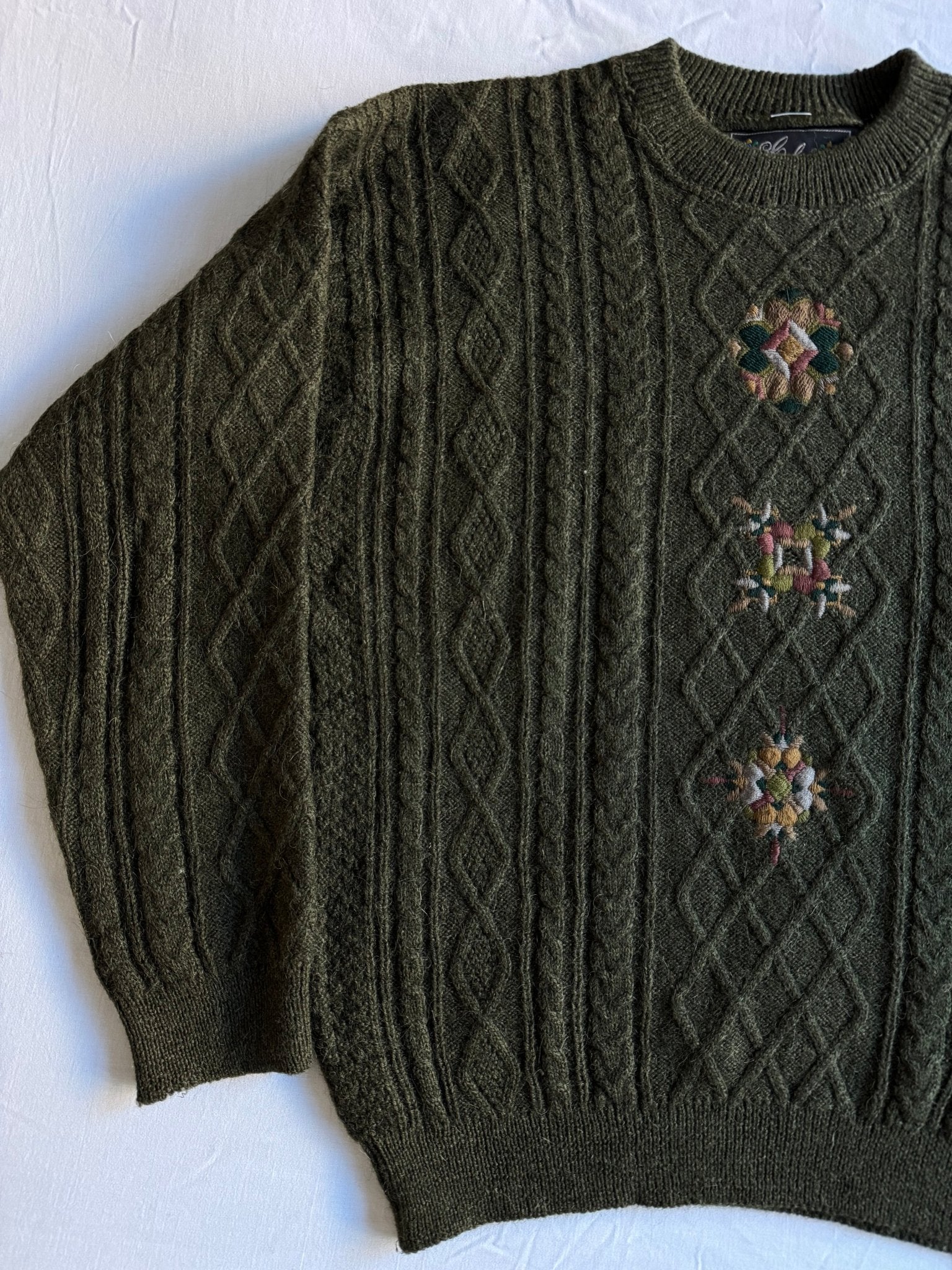 🧶 Pulover Vintage Structurat cu Broderie / Dark Olive (Mărime 52 - L) - anbracaminte