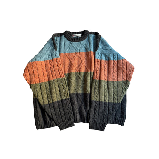 🧶 Pulover Vintage Tricot Torsadat cu Dungi Colorate / Boxy Fit (Mărime L) - anbracaminte