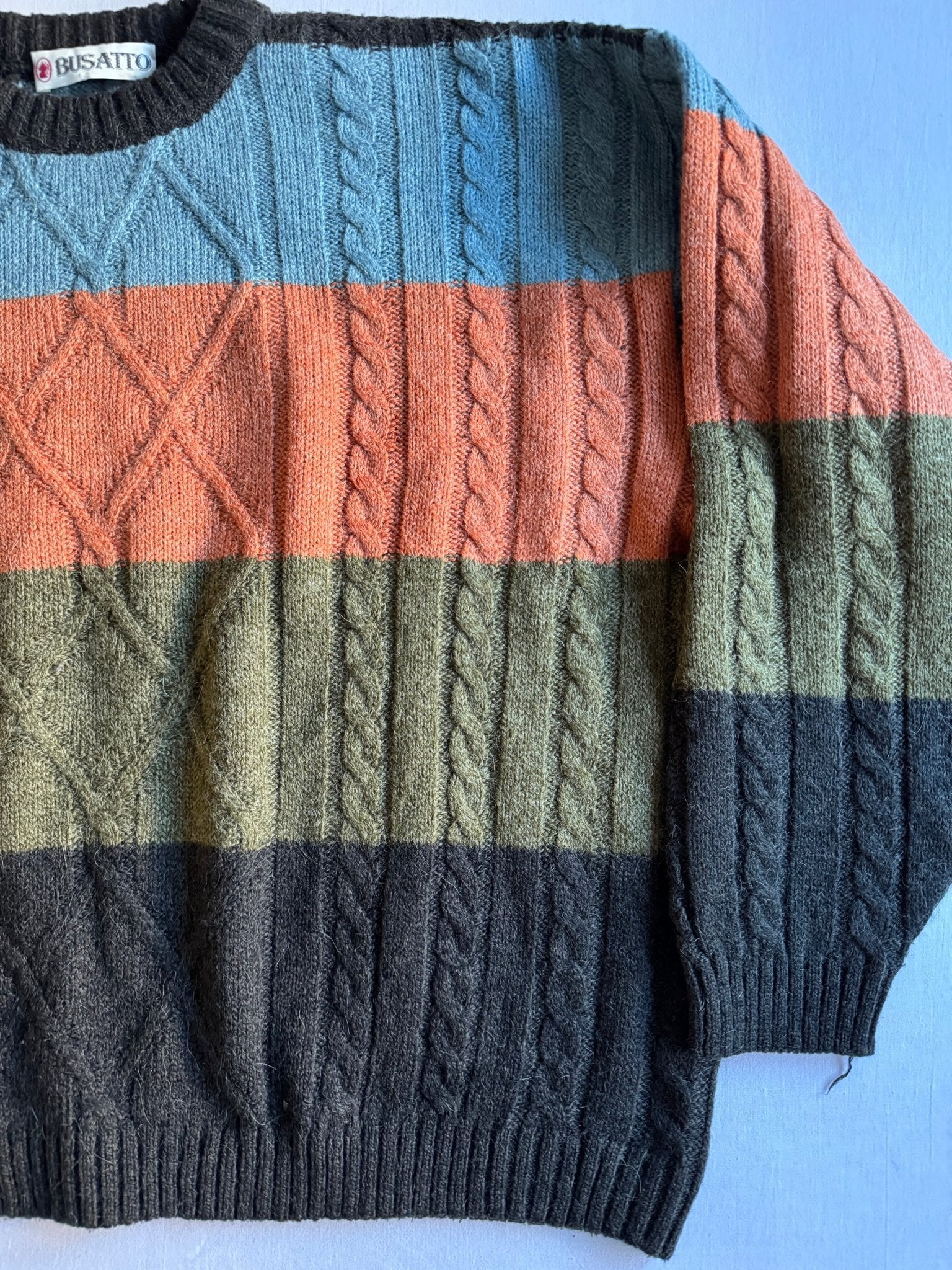 🧶 Pulover Vintage Tricot Torsadat cu Dungi Colorate / Boxy Fit (Mărime L) - anbracaminte