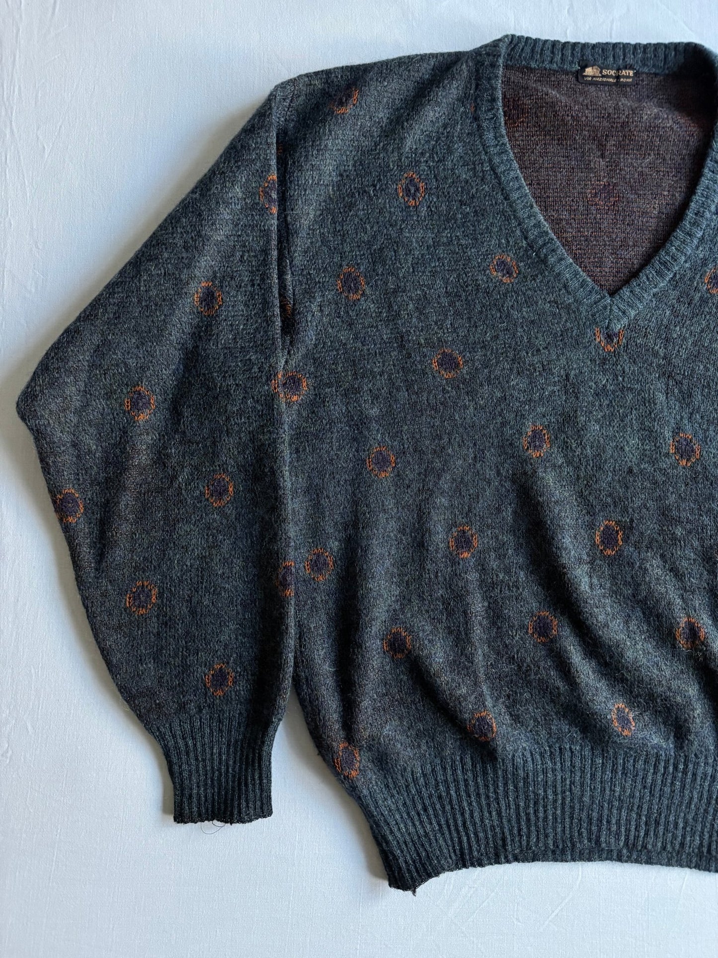 🧶 Pulover Vintage V - Neck Bleumarin cu Motive Abstracte / Tricot Clasic (Mărime L) - anbracaminte