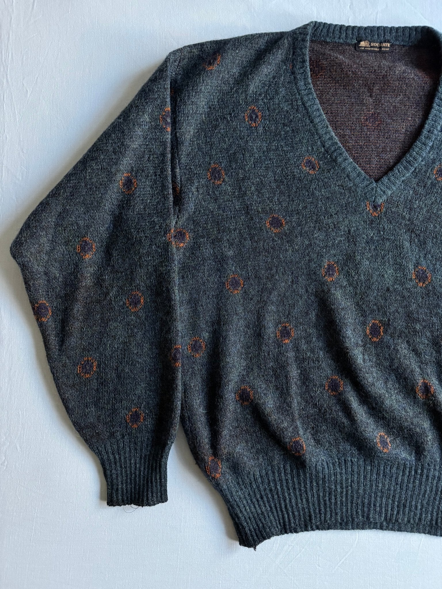 🧶 Pulover Vintage V - Neck Bleumarin cu Motive Abstracte / Tricot Clasic (Mărime L) - anbracaminte