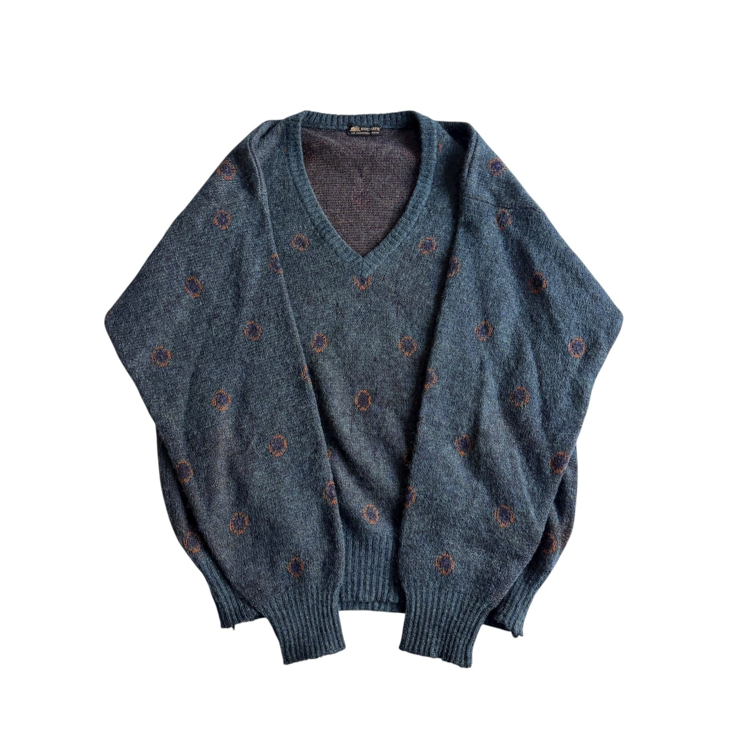 🧶 Pulover Vintage V - Neck Bleumarin cu Motive Abstracte / Tricot Clasic (Mărime L) - anbracaminte