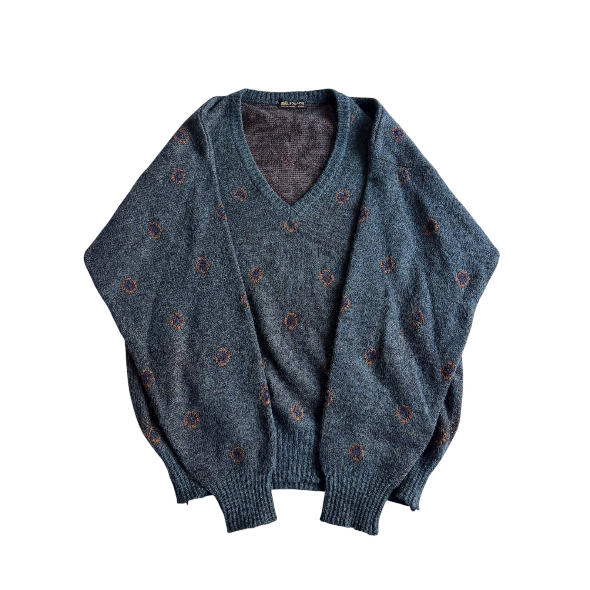 🧶 Pulover Vintage V - Neck Bleumarin cu Motive Abstracte / Tricot Clasic (Mărime L) - anbracaminte