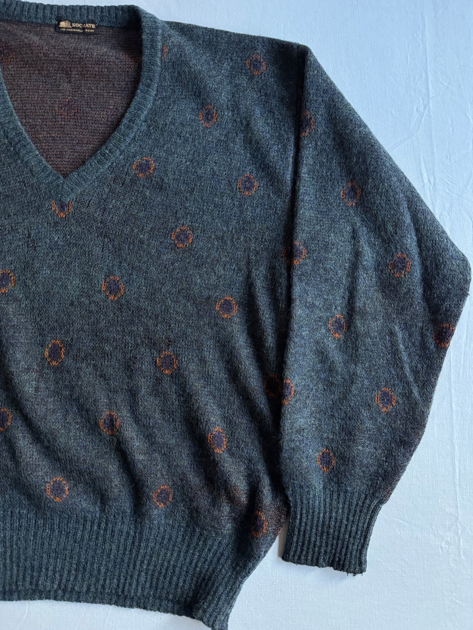 🧶 Pulover Vintage V - Neck Bleumarin cu Motive Abstracte / Tricot Clasic (Mărime L) - anbracaminte