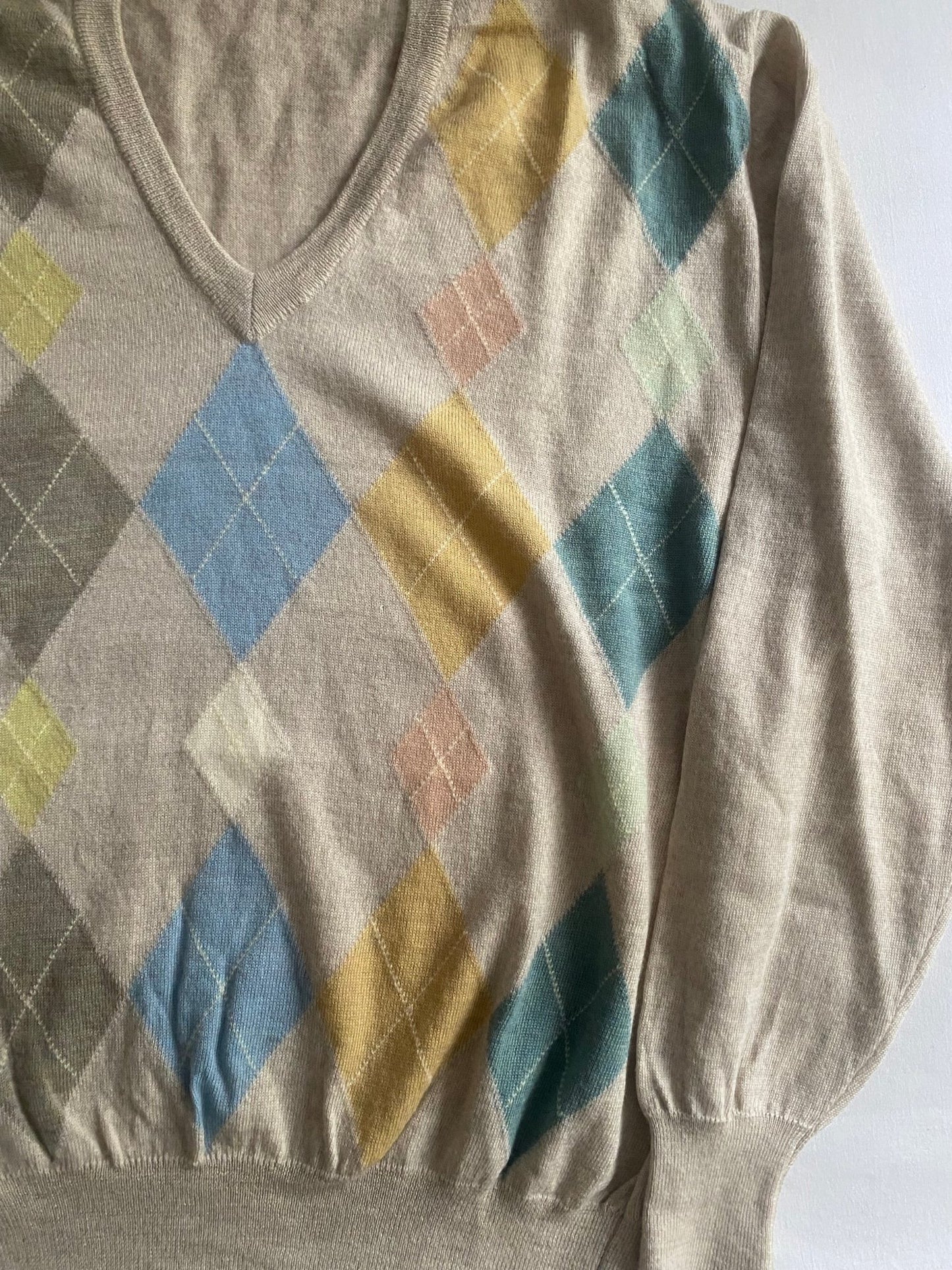 Pulover Vintage V - Neck – Cream Argyle Pattern – 100% Lână Virgină – Made in Italy – Men’s L - anbracaminte