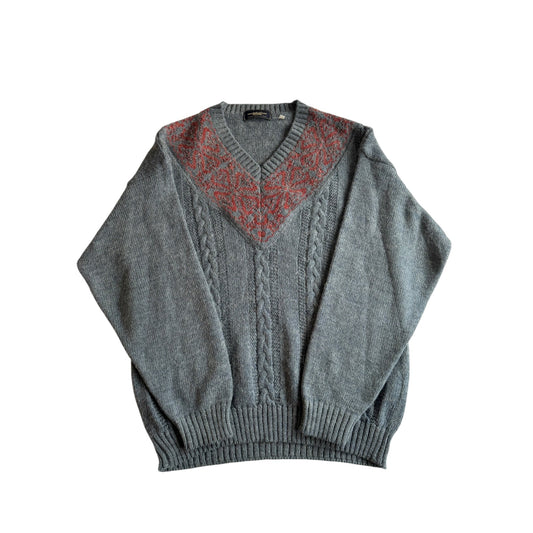 🧶 Pulover Vintage V - Neck cu textură roșie / Tricot torsadat (Mărime 50 - L) - anbracaminte