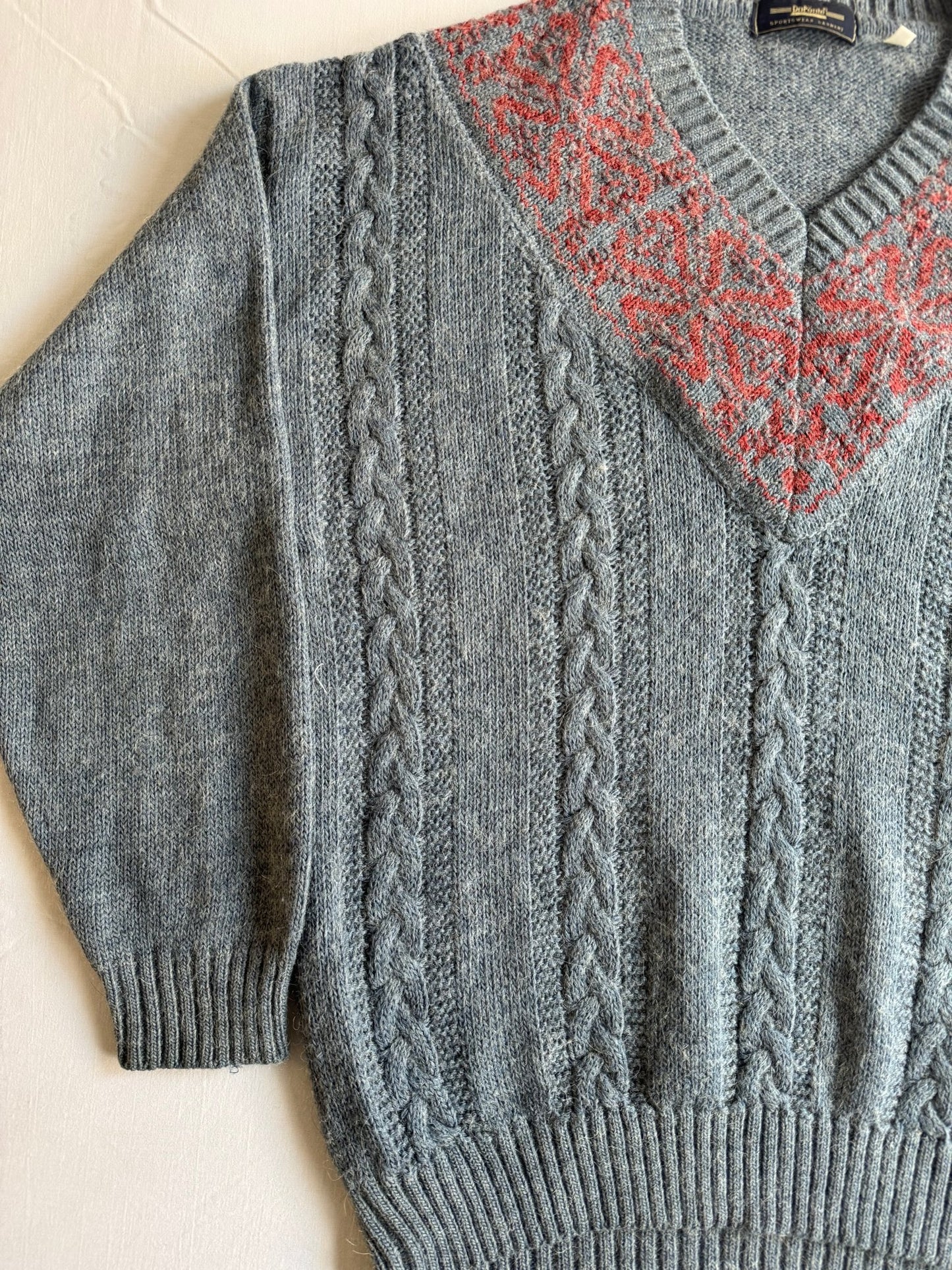 🧶 Pulover Vintage V - Neck cu textură roșie / Tricot torsadat (Mărime 50 - L) - anbracaminte
