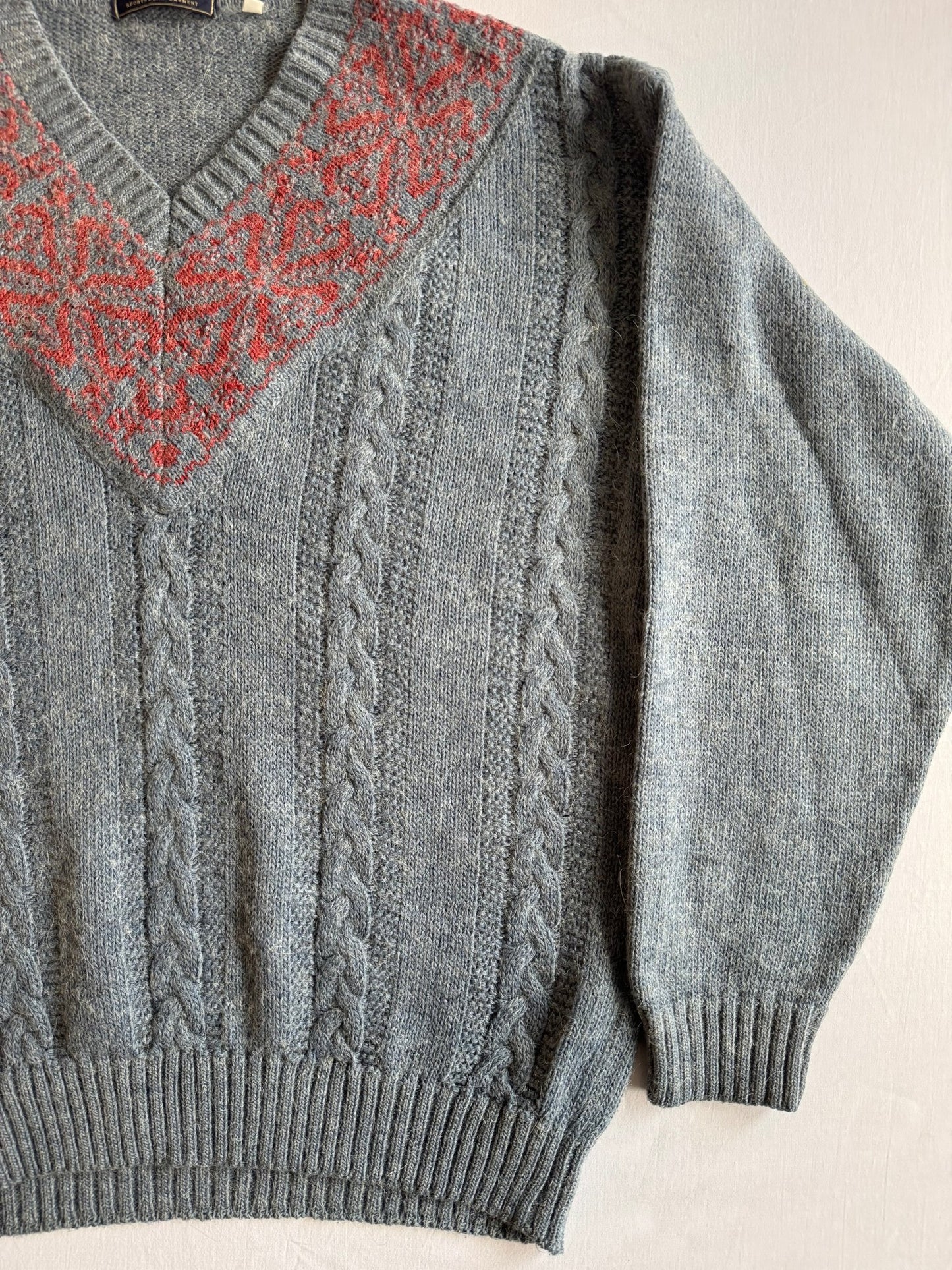 🧶 Pulover Vintage V - Neck cu textură roșie / Tricot torsadat (Mărime 50 - L) - anbracaminte