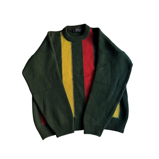 🧶 Pulover Vintage Verde cu Dungi Roșii și Galbene (Mărime L) - anbracaminte