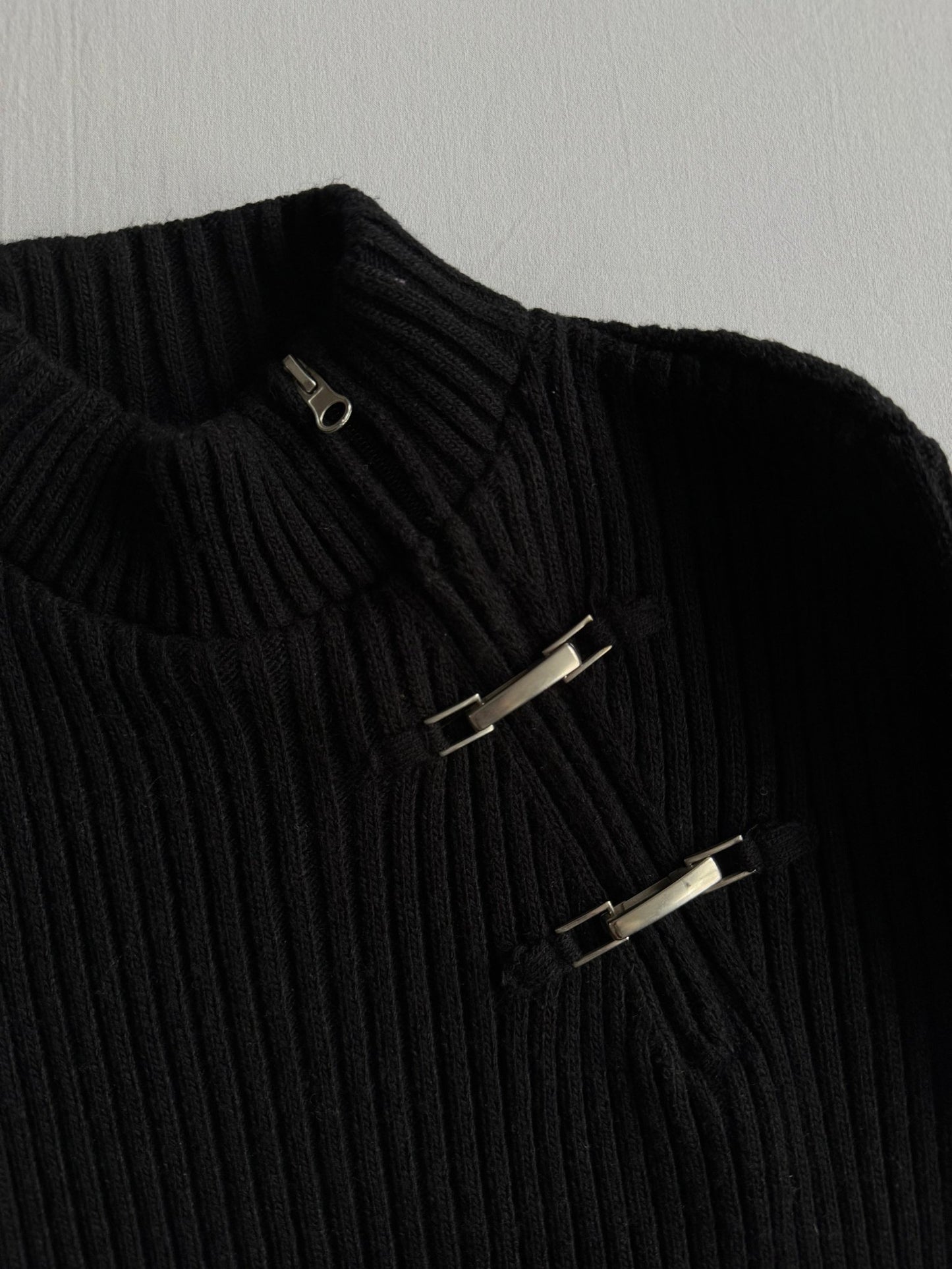 🧶 Pulover Y2K Bărbați Negru din Blend de Lână cu Fermoar Diagonal – M - anbracaminte