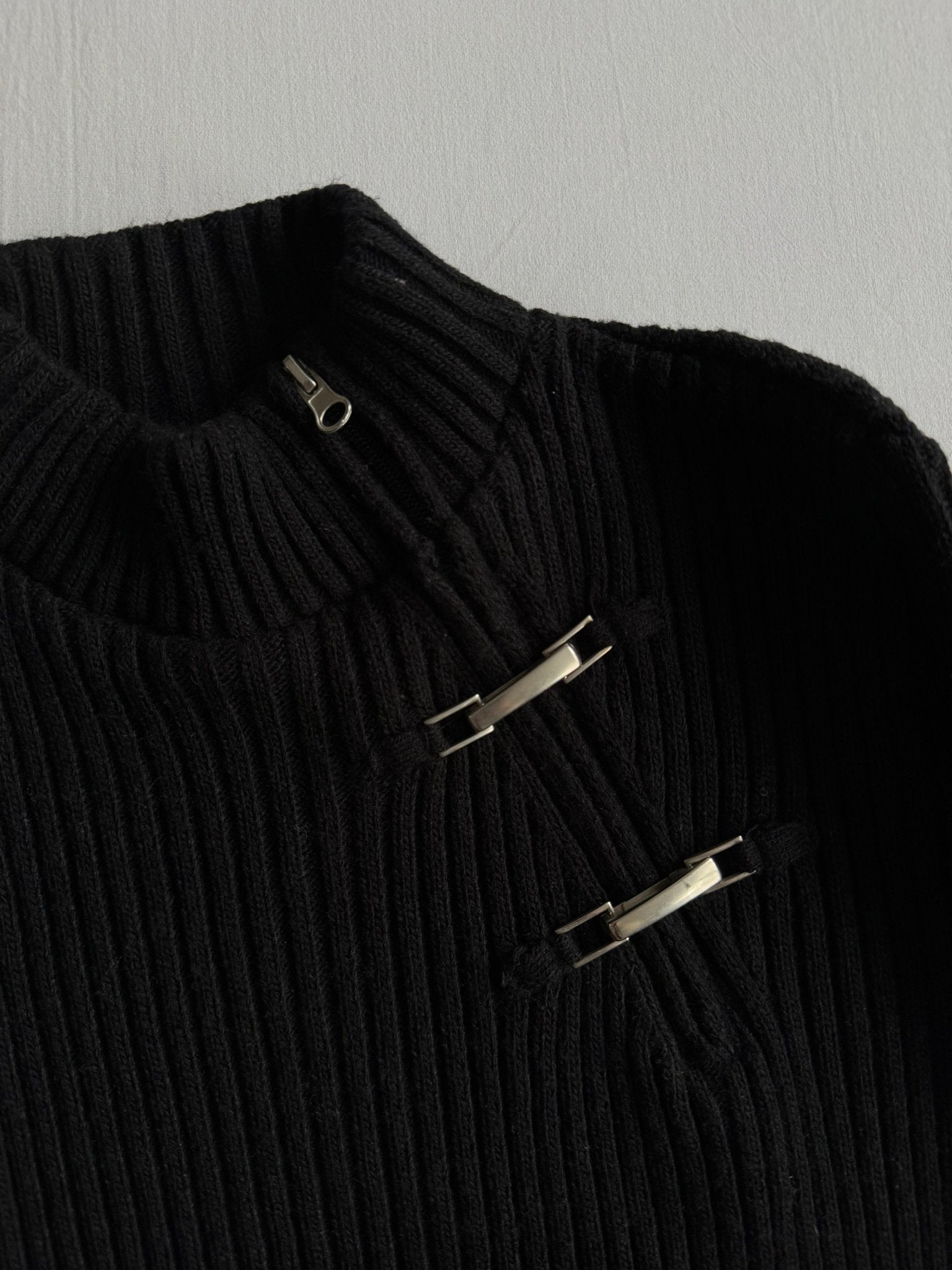 🧶 Pulover Y2K Bărbați Negru din Blend de Lână cu Fermoar Diagonal – M - anbracaminte