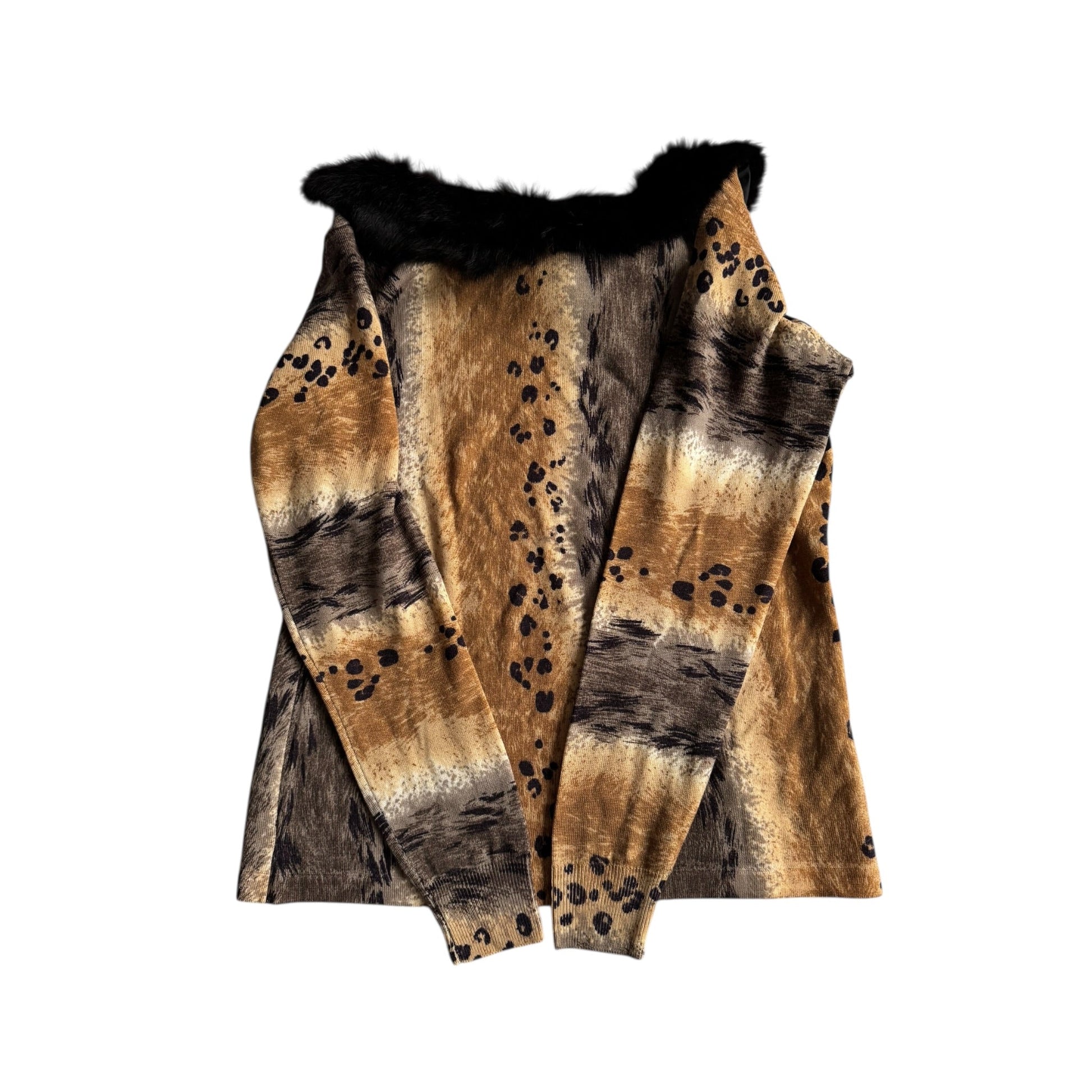🐆 🧶 Pulover Y2K Damă Animal Print din Lână Merino cu Guler din Blană Naturală – Aprox. S/M Femei - anbracaminte