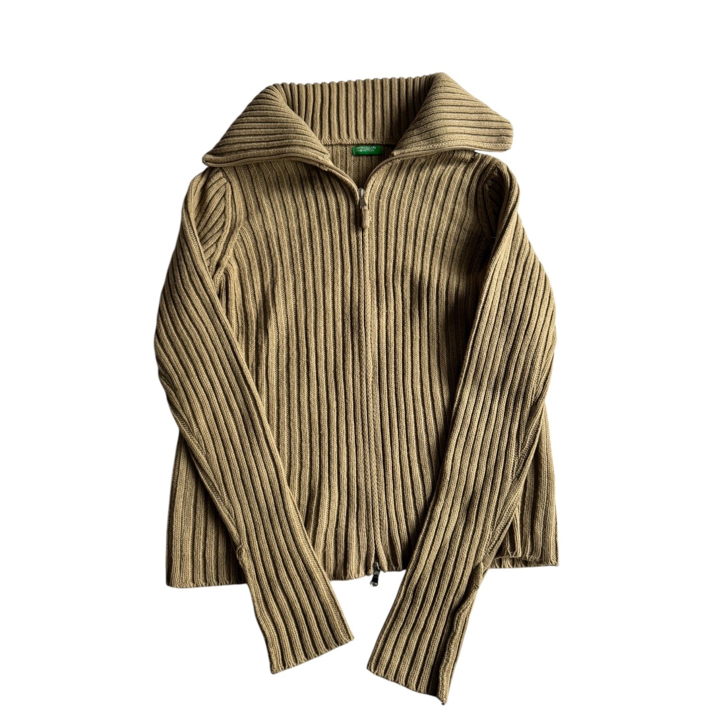 🧶 Pulover Y2K Damă Benetton Crem Ribbed Knit cu Fermoar – M - anbracaminte