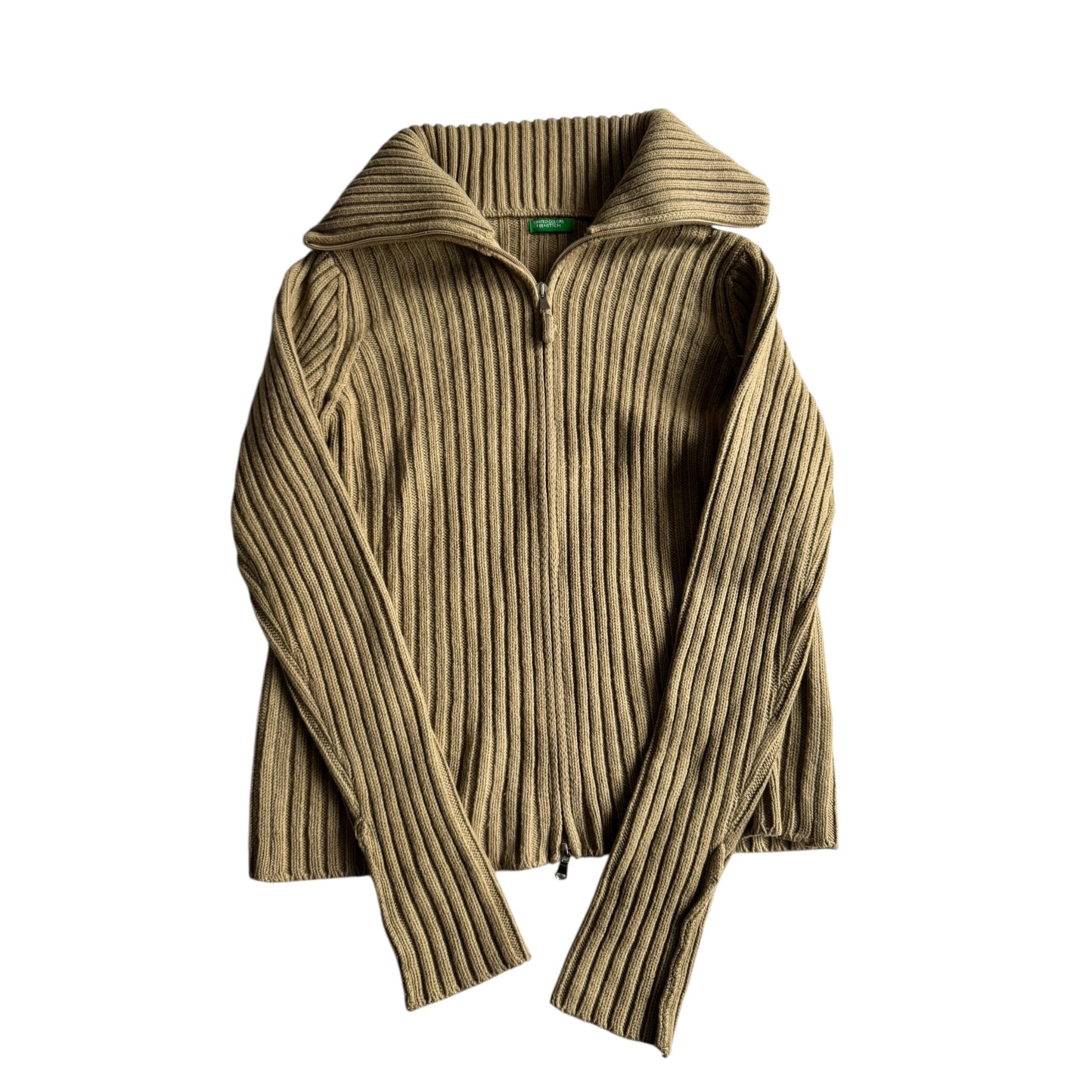 🧶 Pulover Y2K Damă Benetton Crem Ribbed Knit cu Fermoar – M - anbracaminte