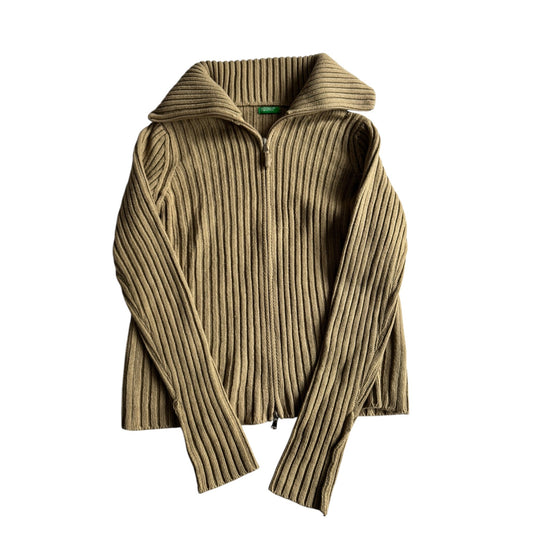 🧶 Pulover Y2K Damă Benetton Crem Ribbed Knit cu Fermoar – M - anbracaminte