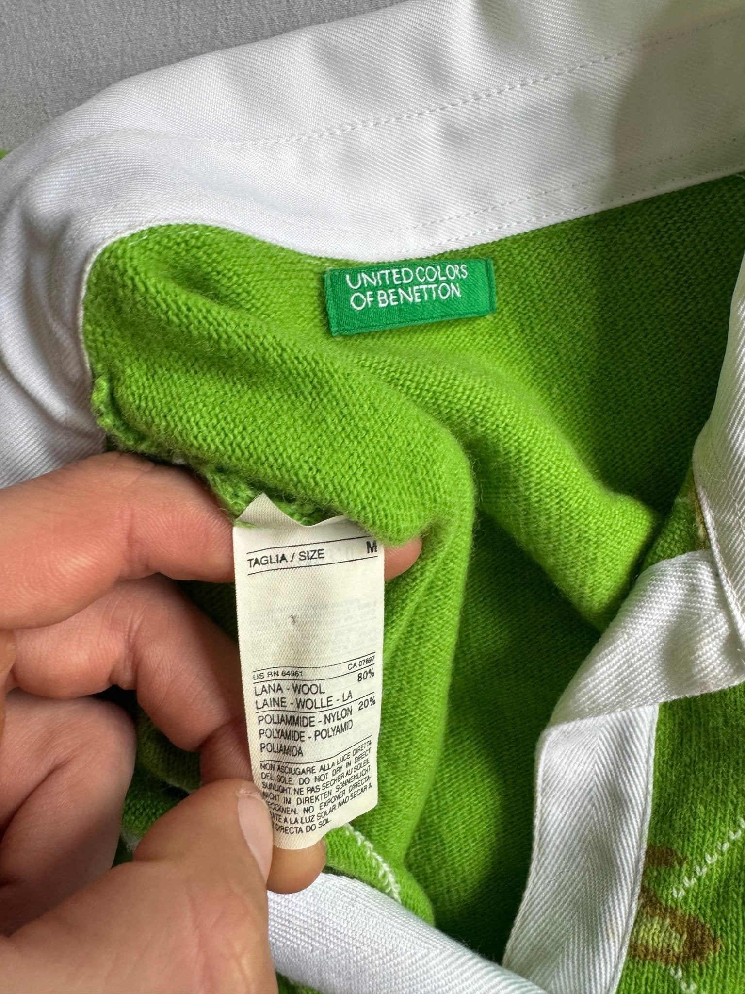 🧶 Pulover Y2K Damă Benetton Verde cu Model Paisley și Guler Polo – M - anbracaminte