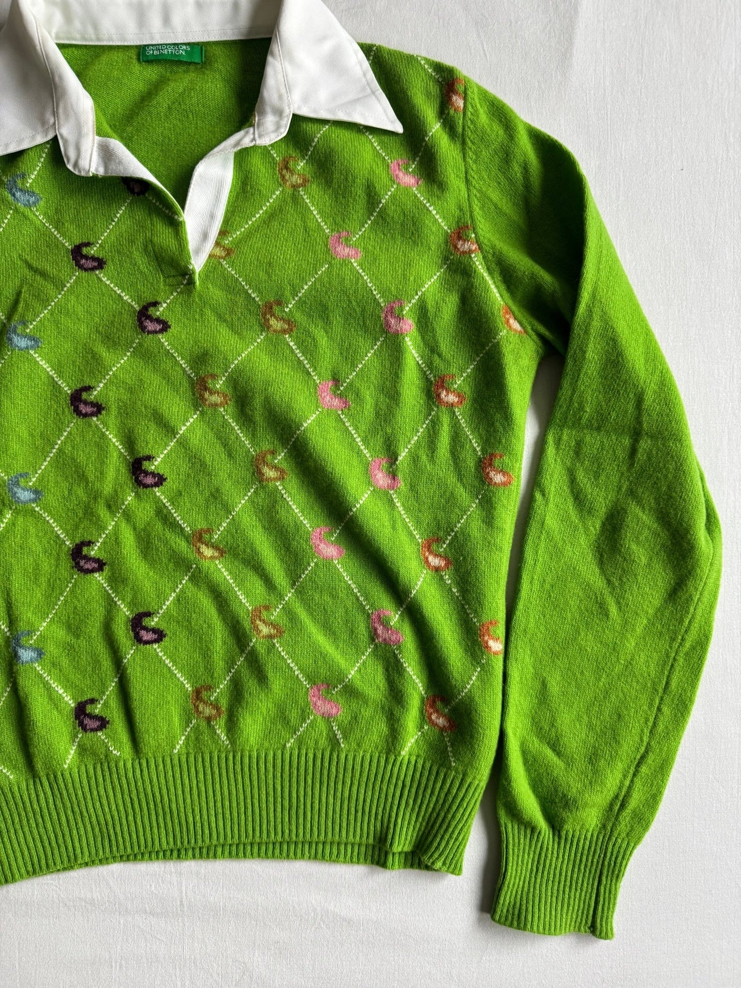 🧶 Pulover Y2K Damă Benetton Verde cu Model Paisley și Guler Polo – M - anbracaminte