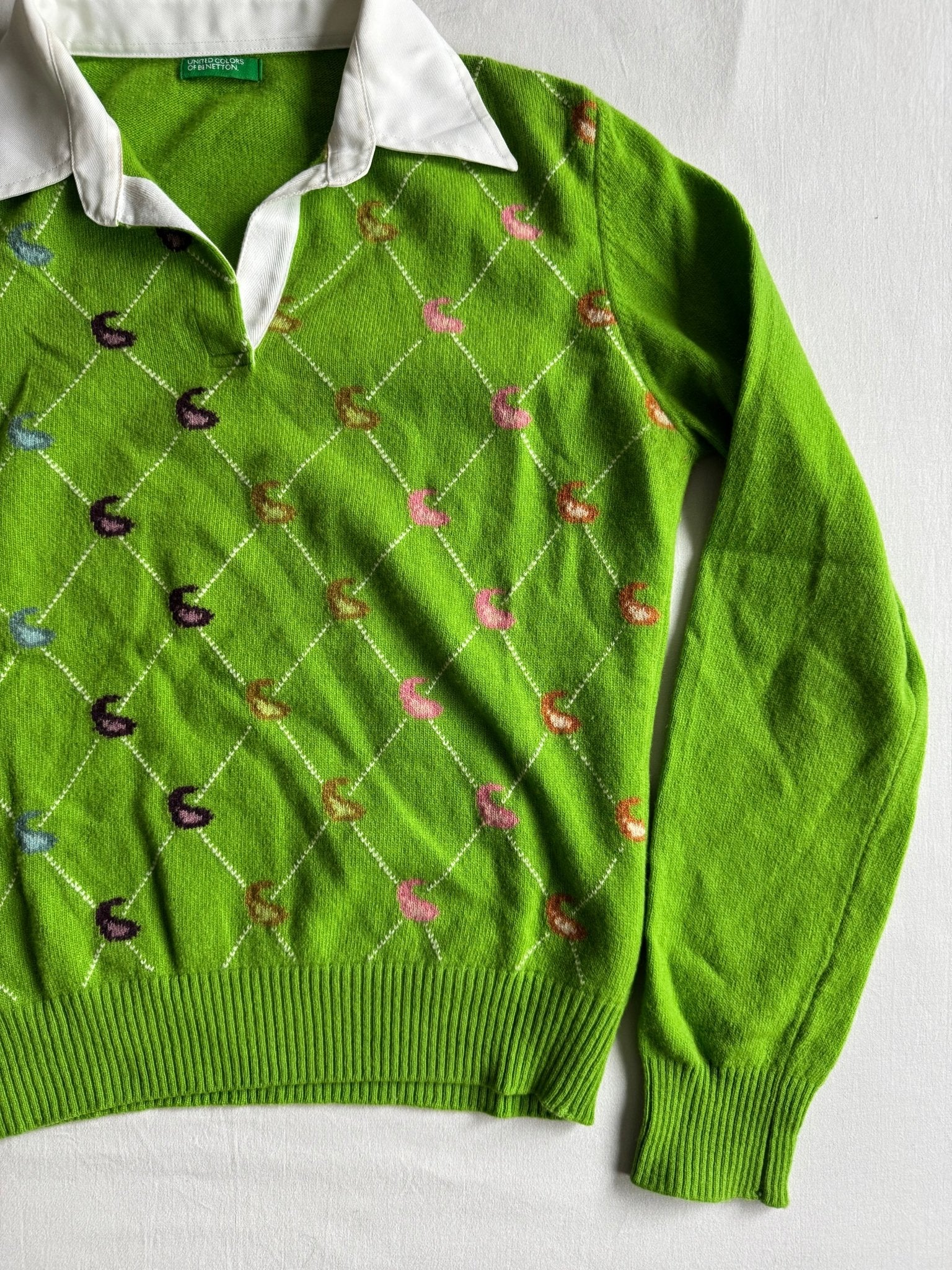 🧶 Pulover Y2K Damă Benetton Verde cu Model Paisley și Guler Polo – M - anbracaminte