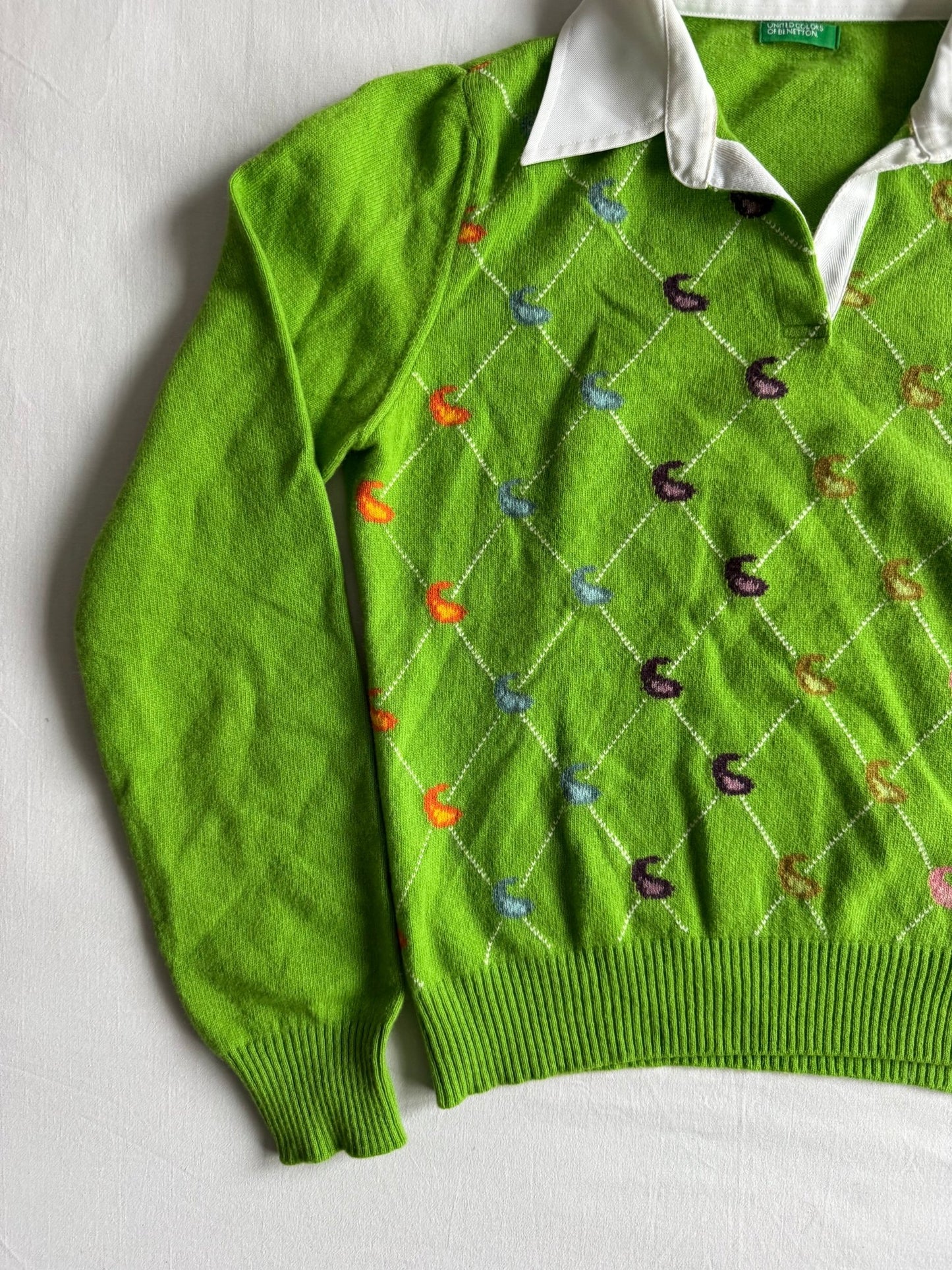 🧶 Pulover Y2K Damă Benetton Verde cu Model Paisley și Guler Polo – M - anbracaminte