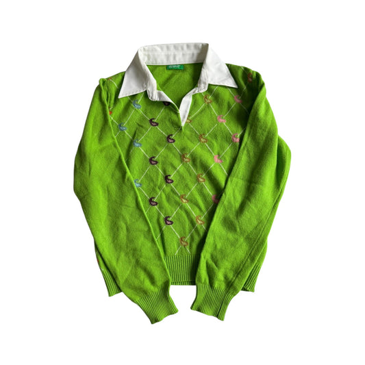 🧶 Pulover Y2K Damă Benetton Verde cu Model Paisley și Guler Polo – M - anbracaminte