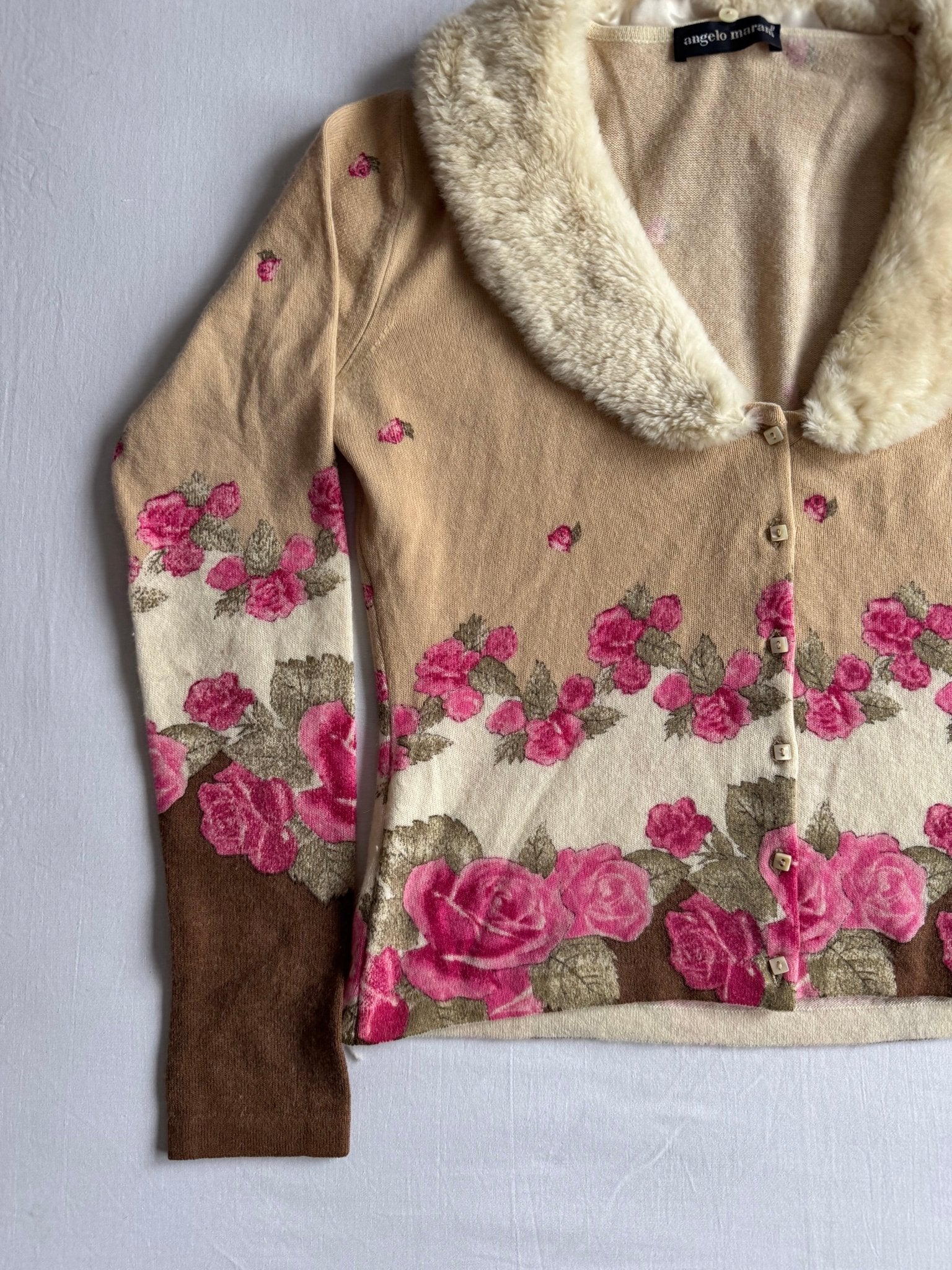 🧶 Pulover Y2K Damă cu Print Rose din Lână Merino și Angora cu Guler Detașabil din Blană – IT 46 (M/L) - anbracaminte