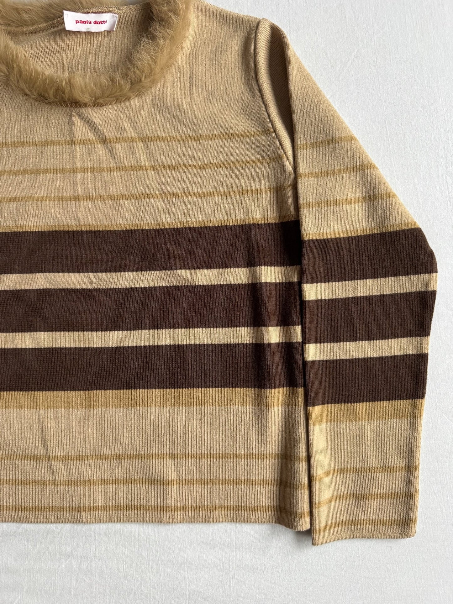 🧶 Pulover Y2K Damă Dungi din Lână Merino cu Guler din Blană Naturală – L - anbracaminte