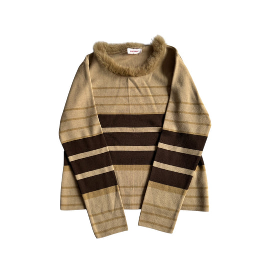 🧶 Pulover Y2K Damă Dungi din Lână Merino cu Guler din Blană Naturală – L - anbracaminte